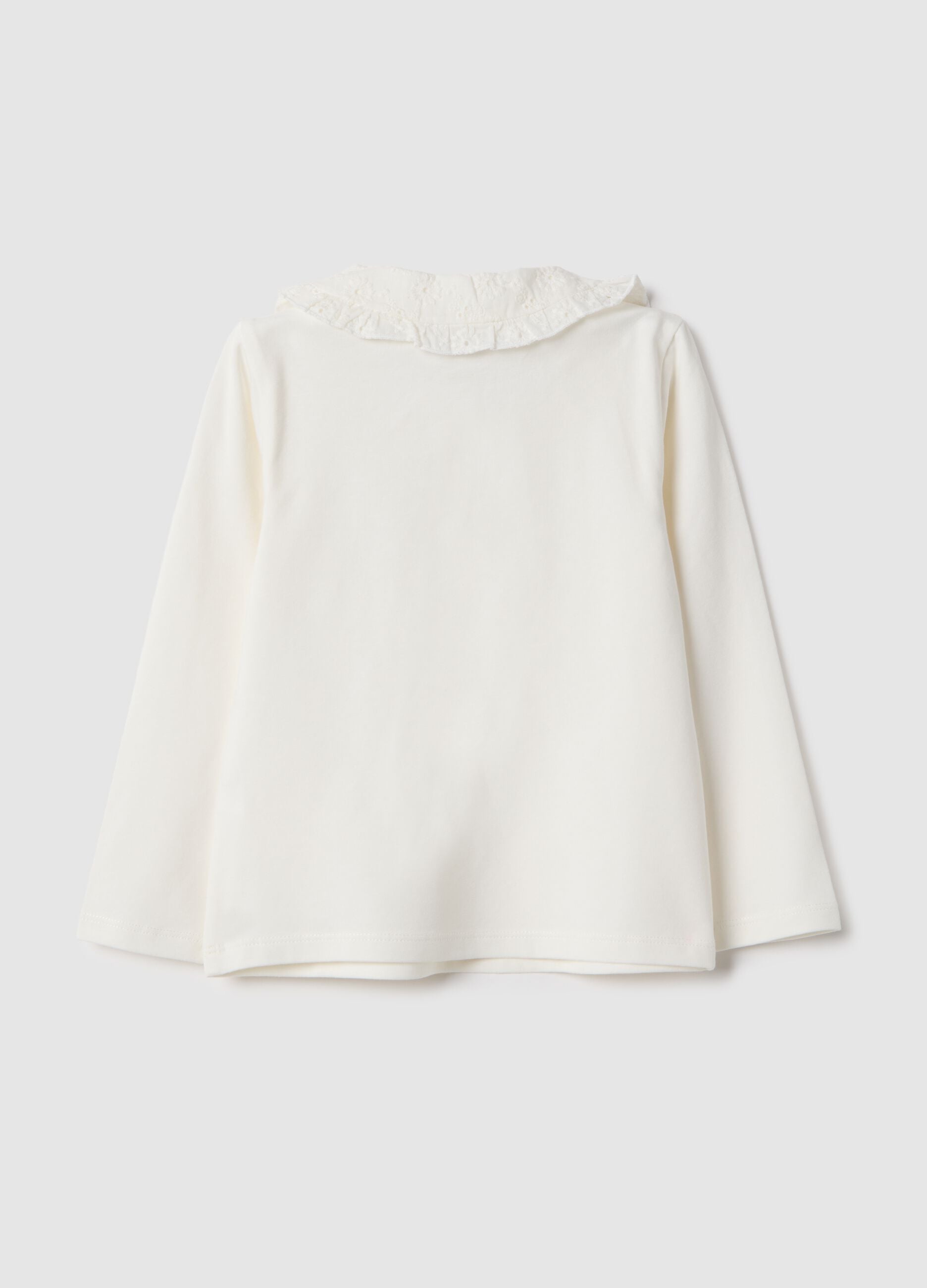 Girl's regular fit white cotton blend polo with lace collar
