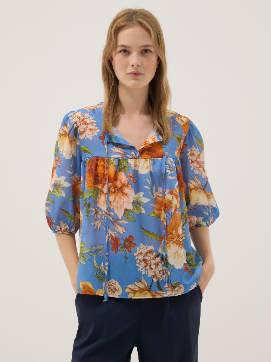 Blue floral blouse in pure cotton_1
