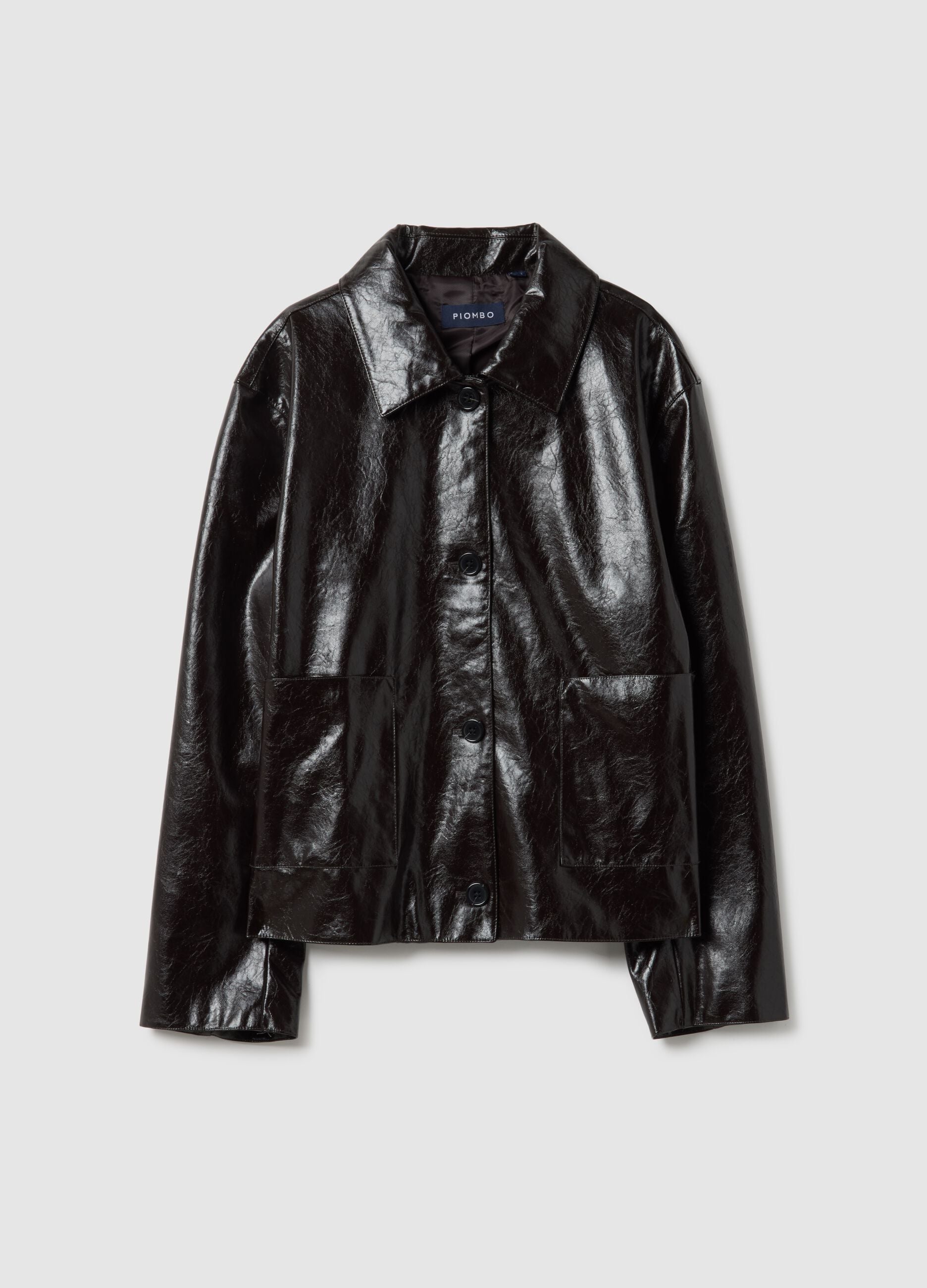 Shiny black regular fit jacket with collar and buttons