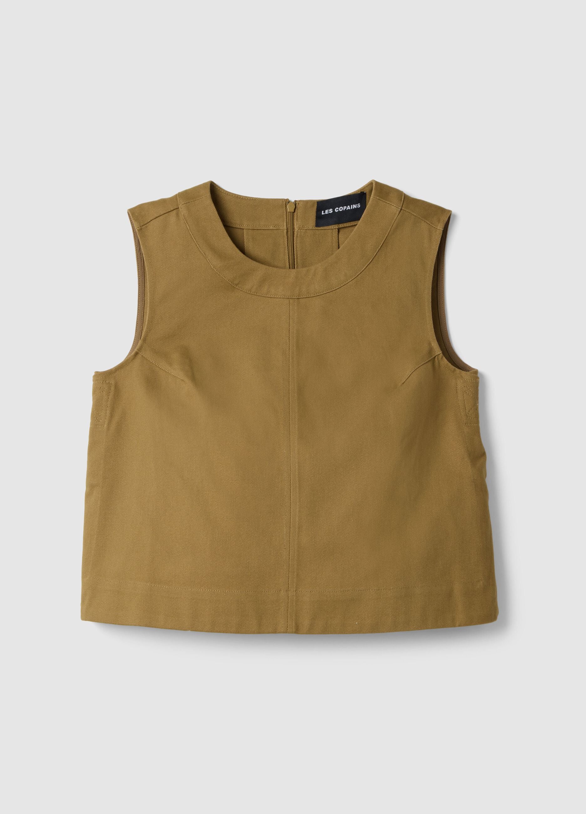 Brown Denim Sleeveless Blazer in Pure Cotton Regular Fit