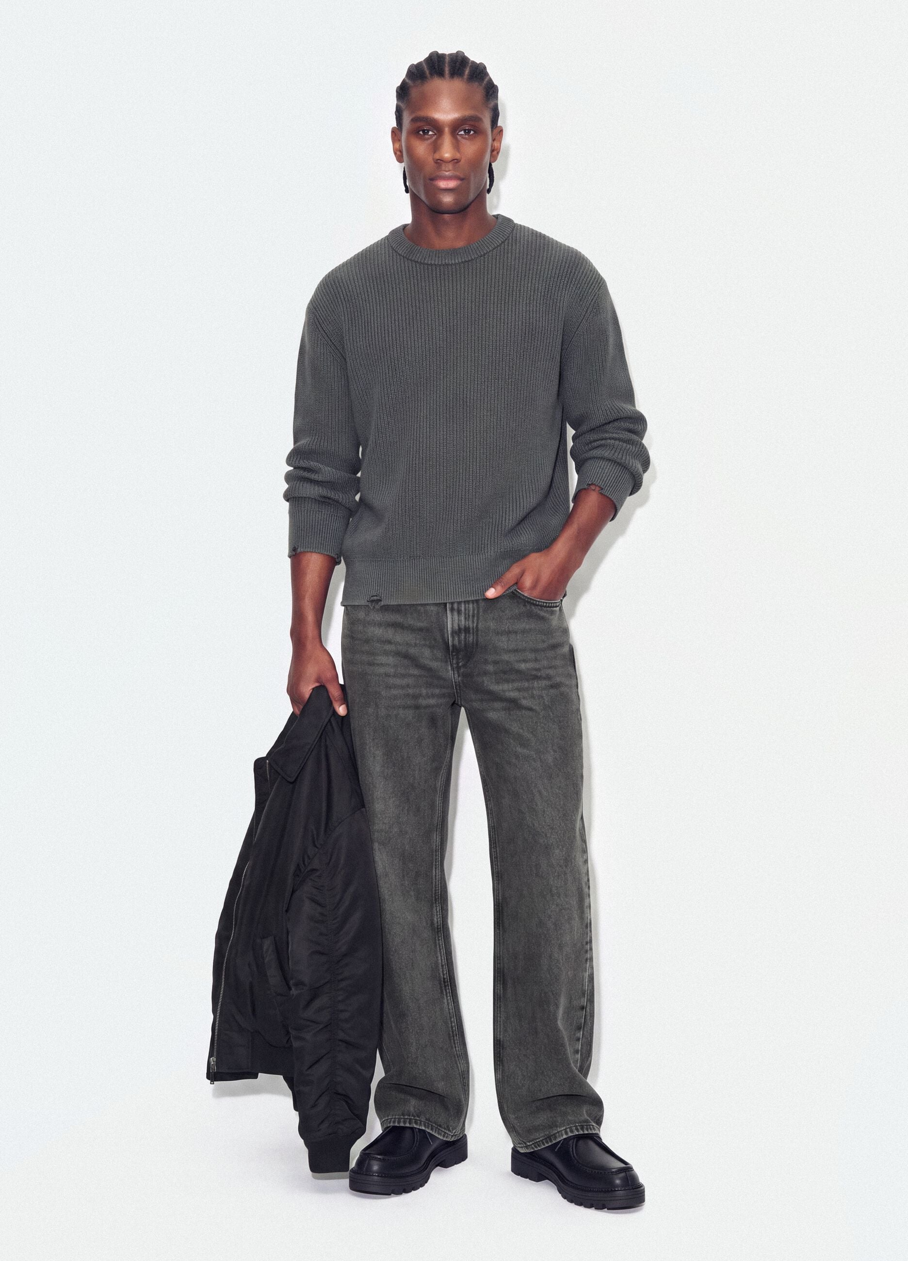 Dark grey ribbed pure cotton crew-neck jumper, regular fit