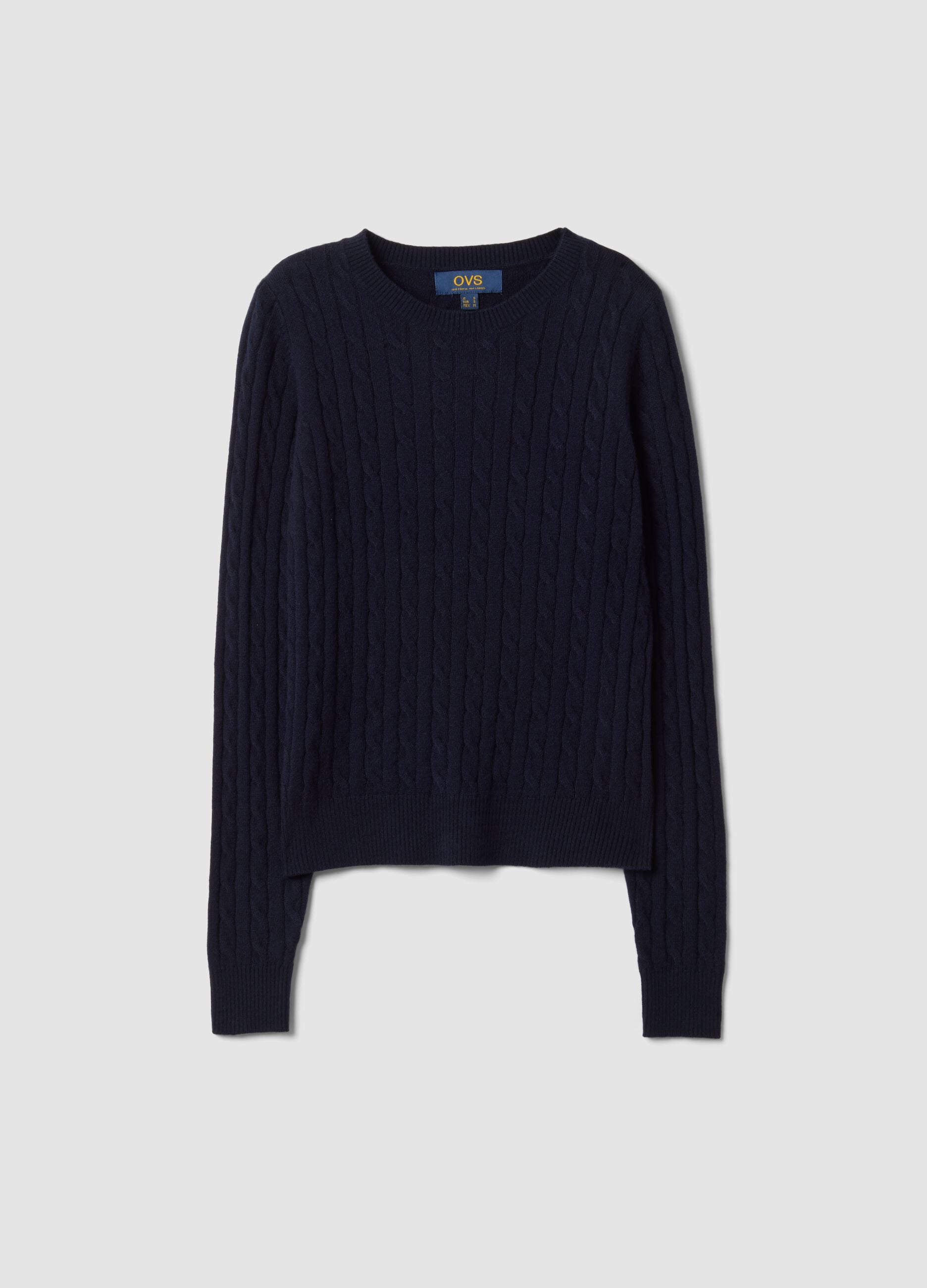 Navy cable-knit crew-neck jumper, regular fit