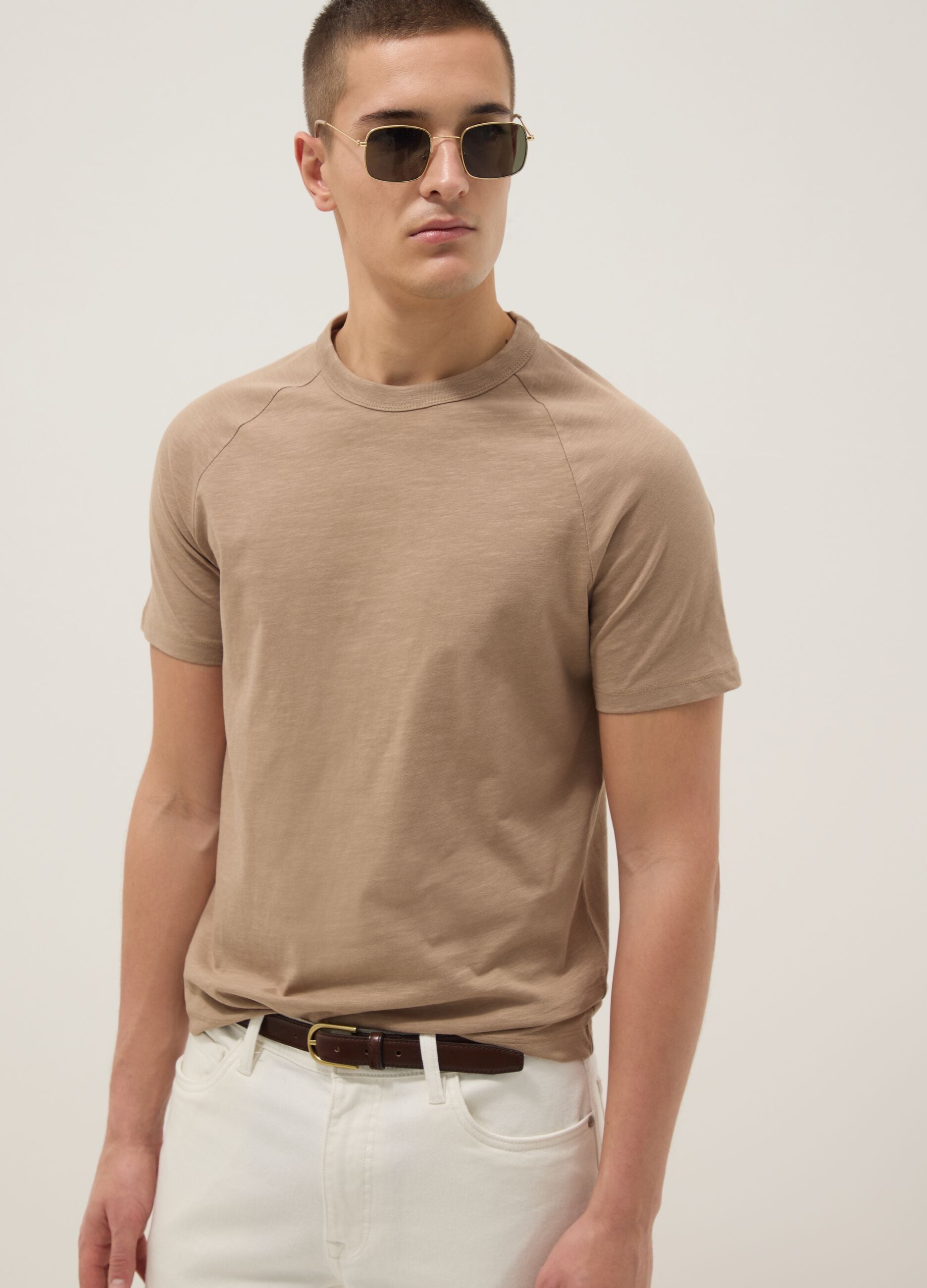 Beige pure cotton regular fit T-shirt