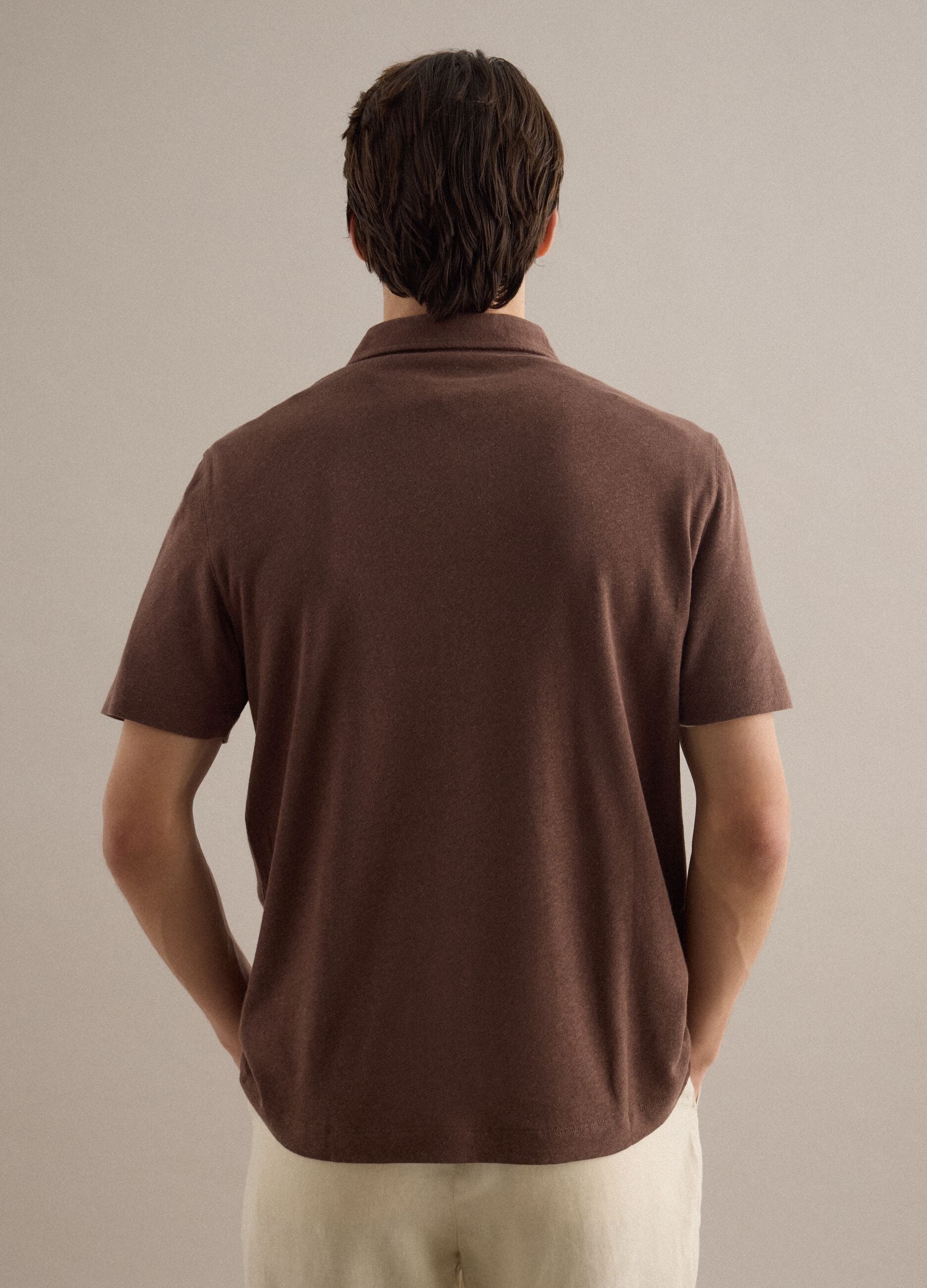 Brown linen and cotton blend regular fit polo