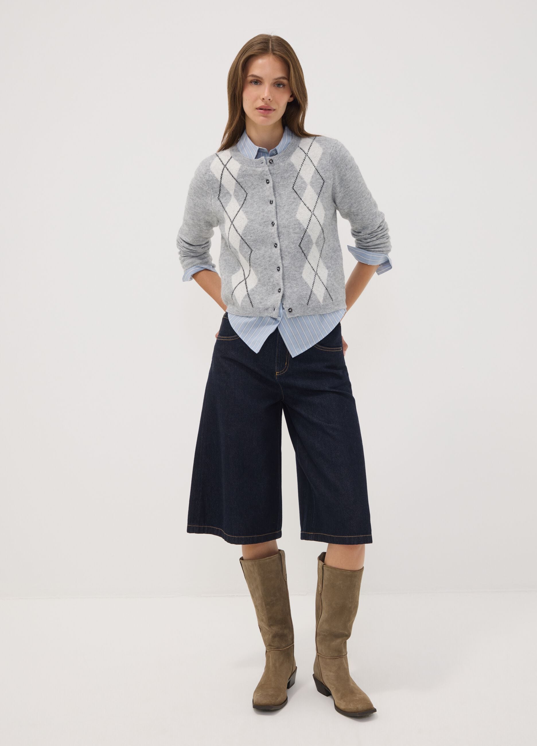 Grey jacquard stretch wool crew-neck cardigan, regular fit