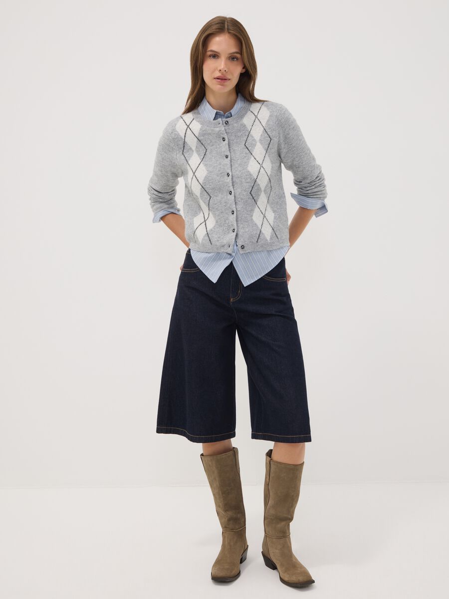 Grey jacquard stretch wool crew-neck cardigan, regular fit_2