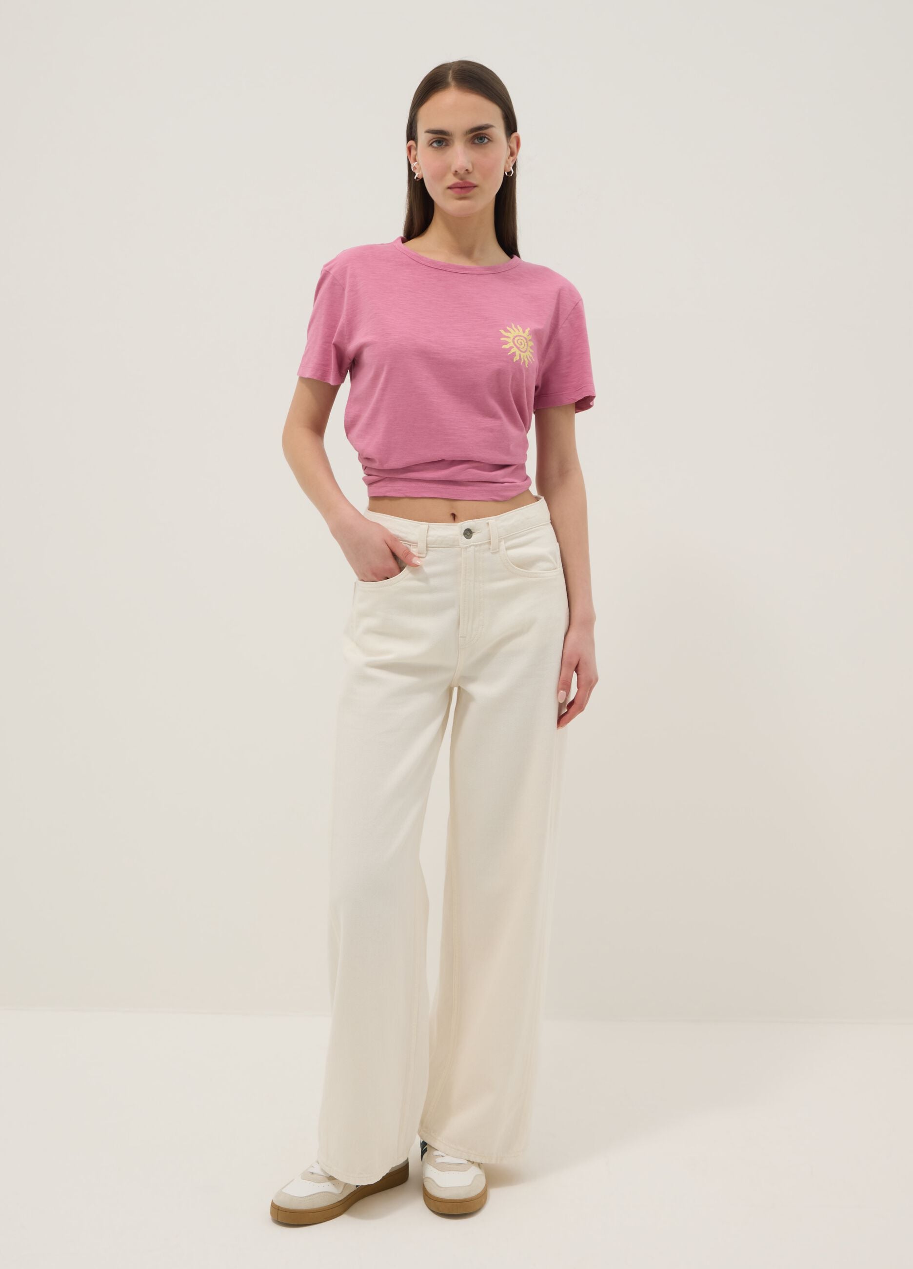 Pink pure cotton relaxed-fit T-shirt with sun print