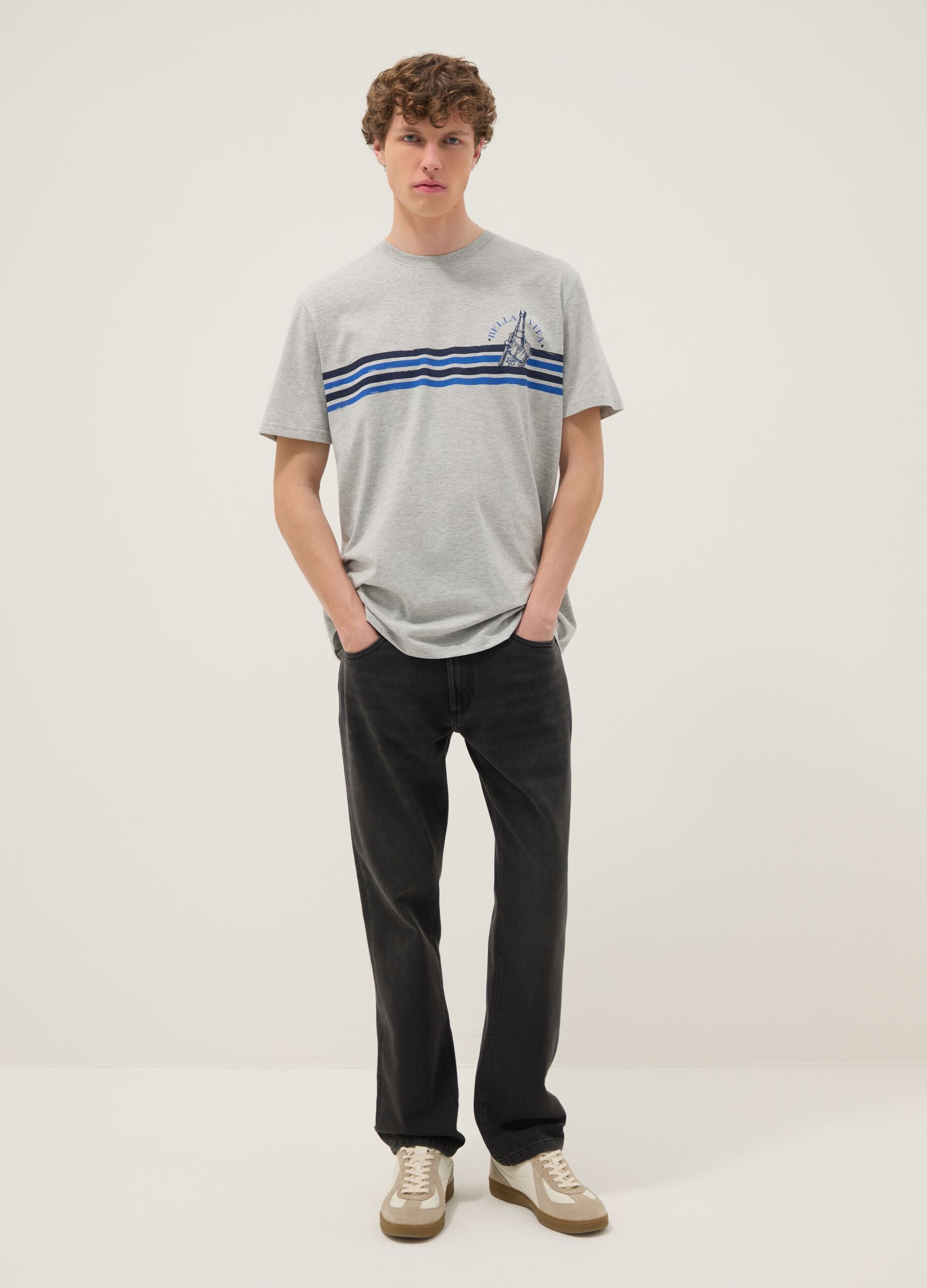Grey pure cotton T-shirt with blue stripes