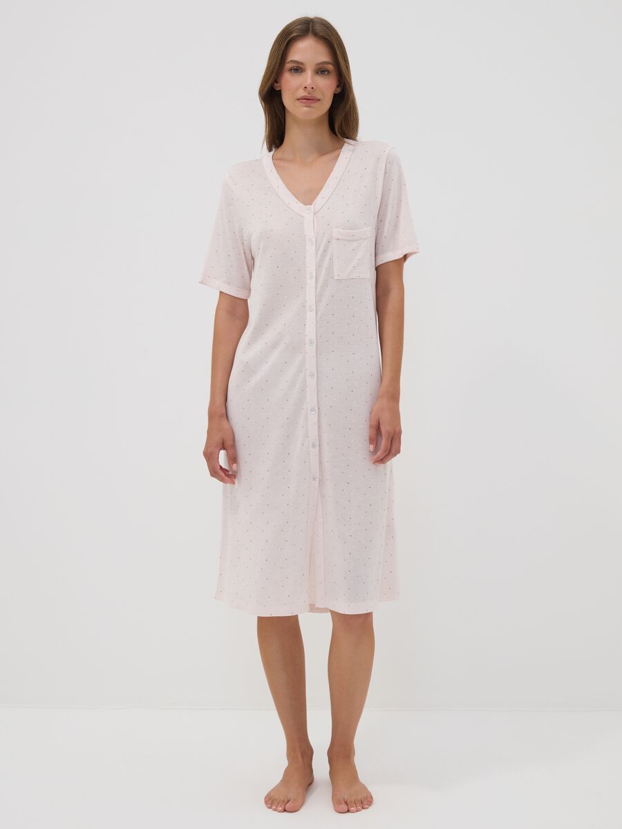 Camicia da notte rosa a pois in pura viscosa con scollo a V_0