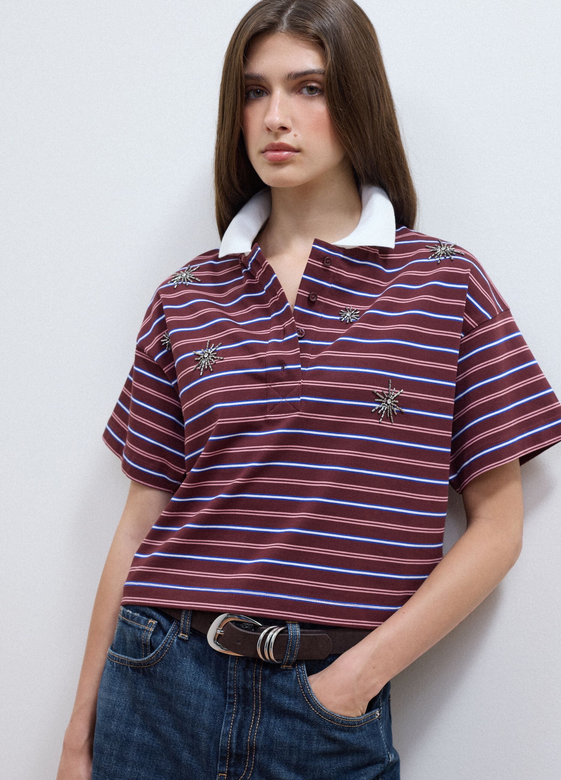 Multicolour striped pure cotton polo with oversized collar