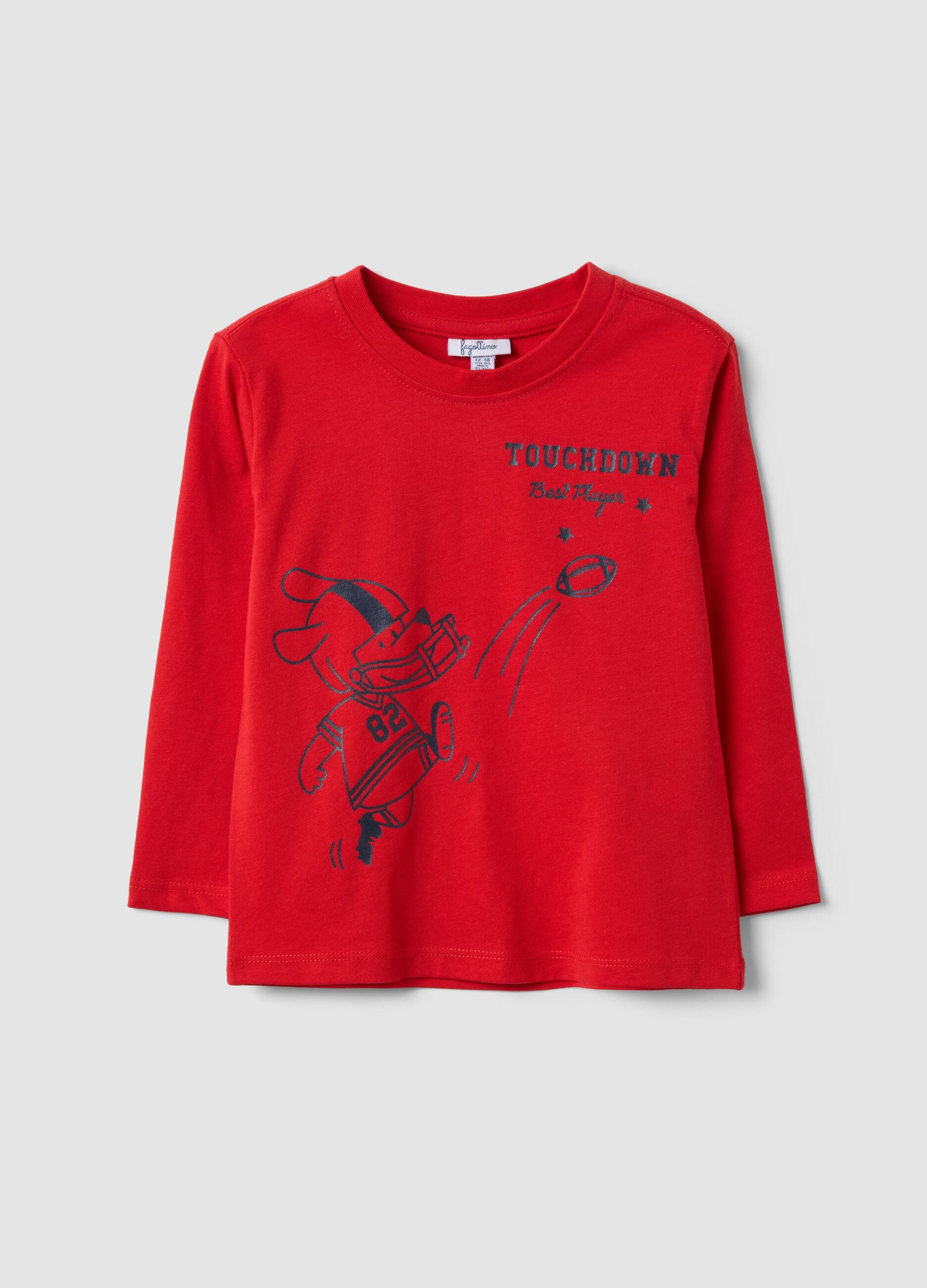 Red pure organic cotton T-shirt with college print for baby boy