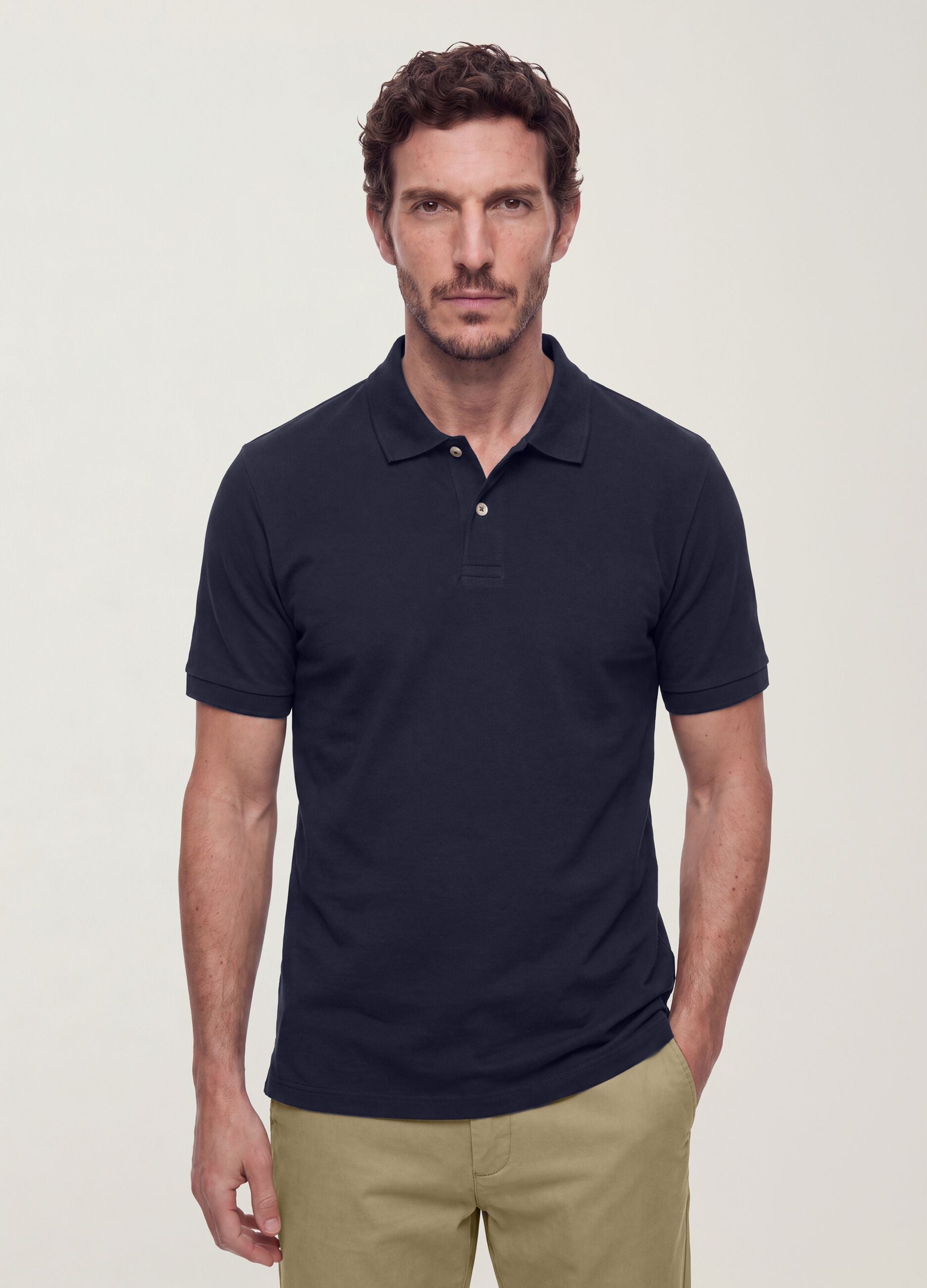 Blue pure cotton piqu&eacute; polo shirt with classic collar and regular fit