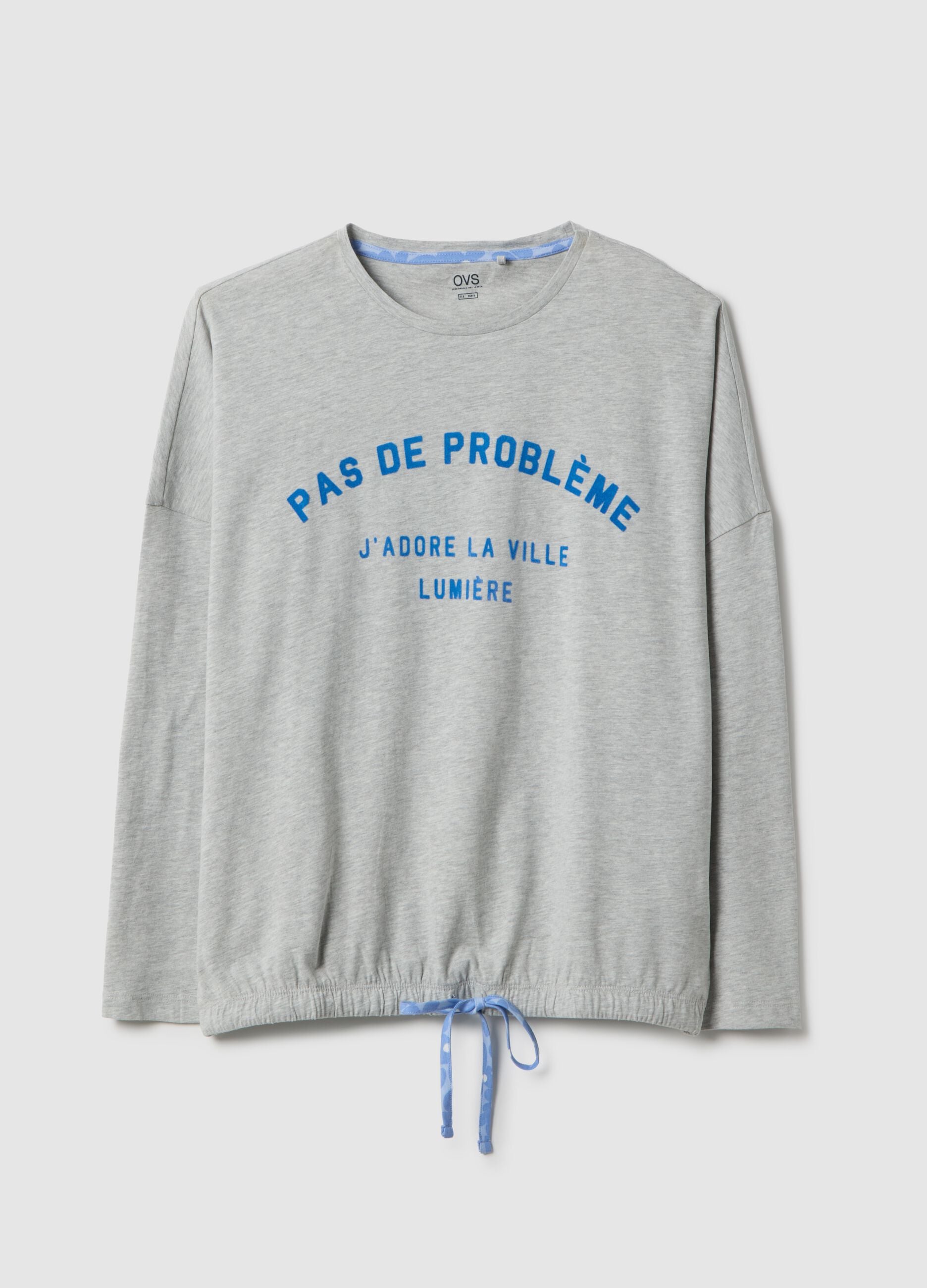 Grey crew neck pyjama top in regular fit cotton blend with print