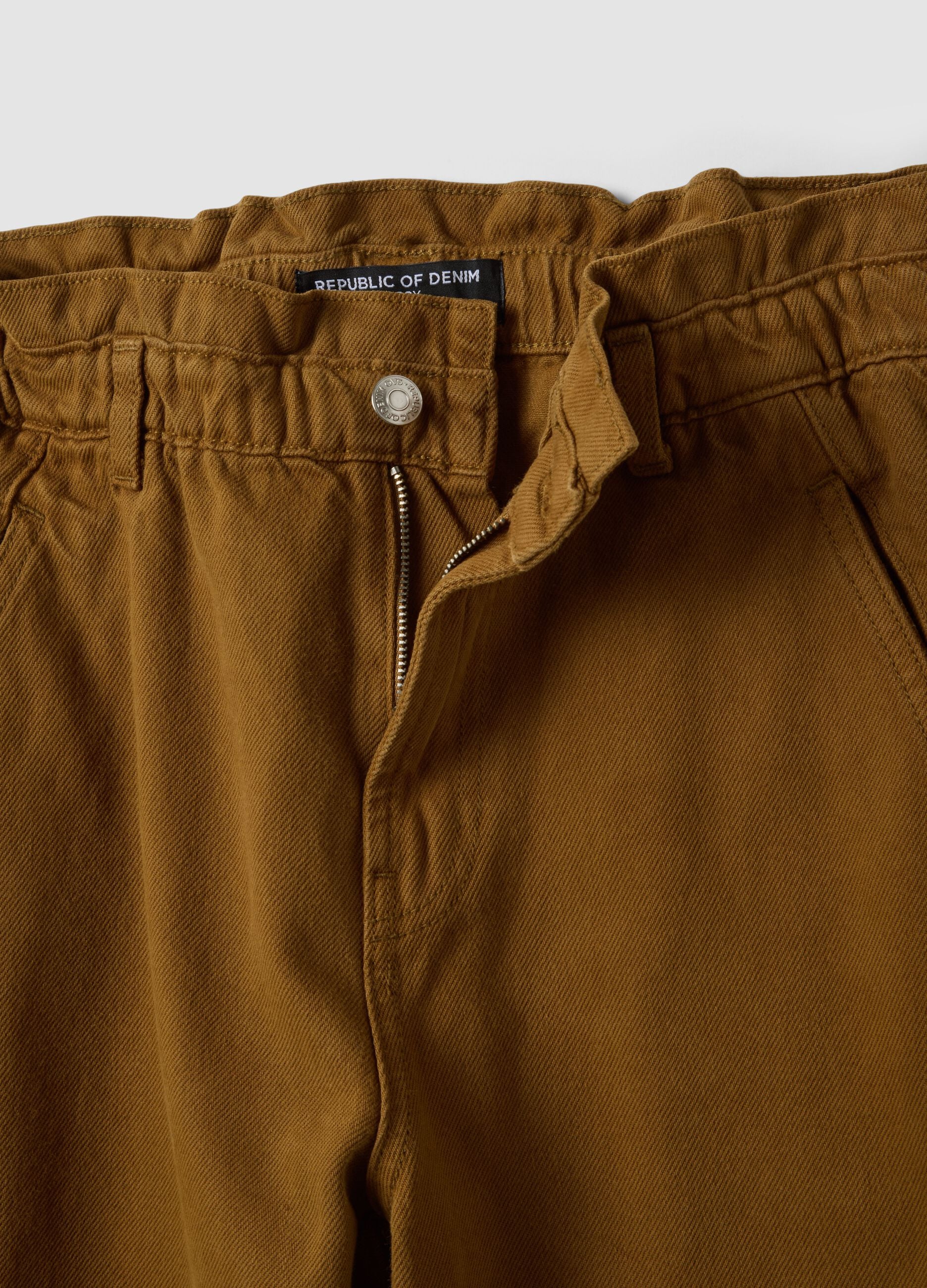 Bronze brown baggy-fit pure cotton denim jeans with paper-bag waist