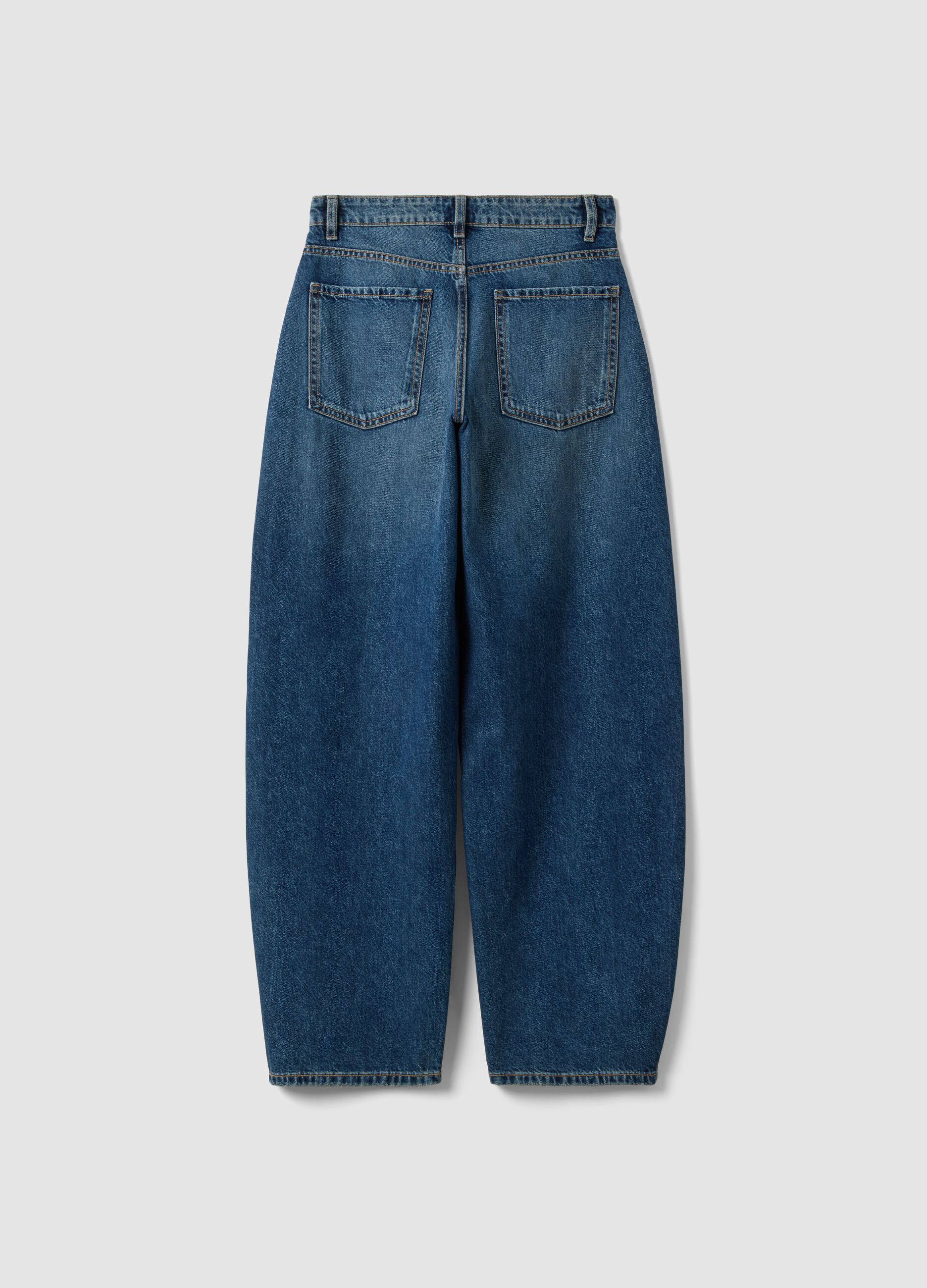 Dark blue pure cotton denim barrel-fit jeans