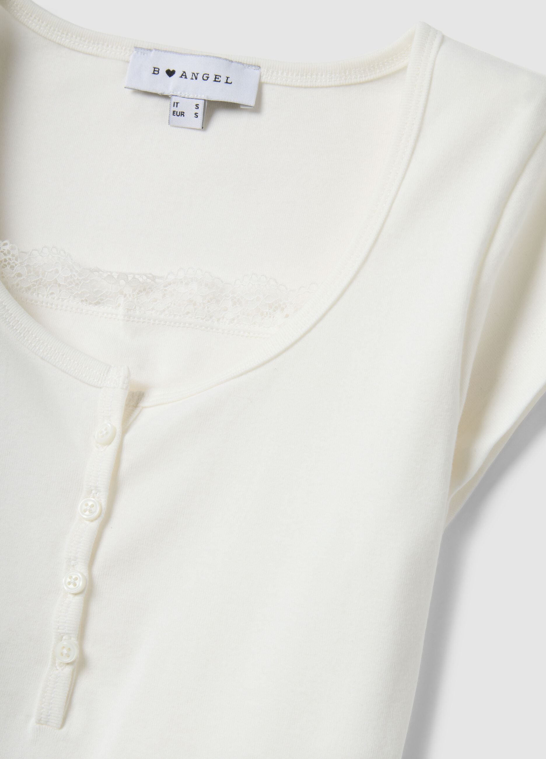 White cotton blend regular fit T-shirt with lace details