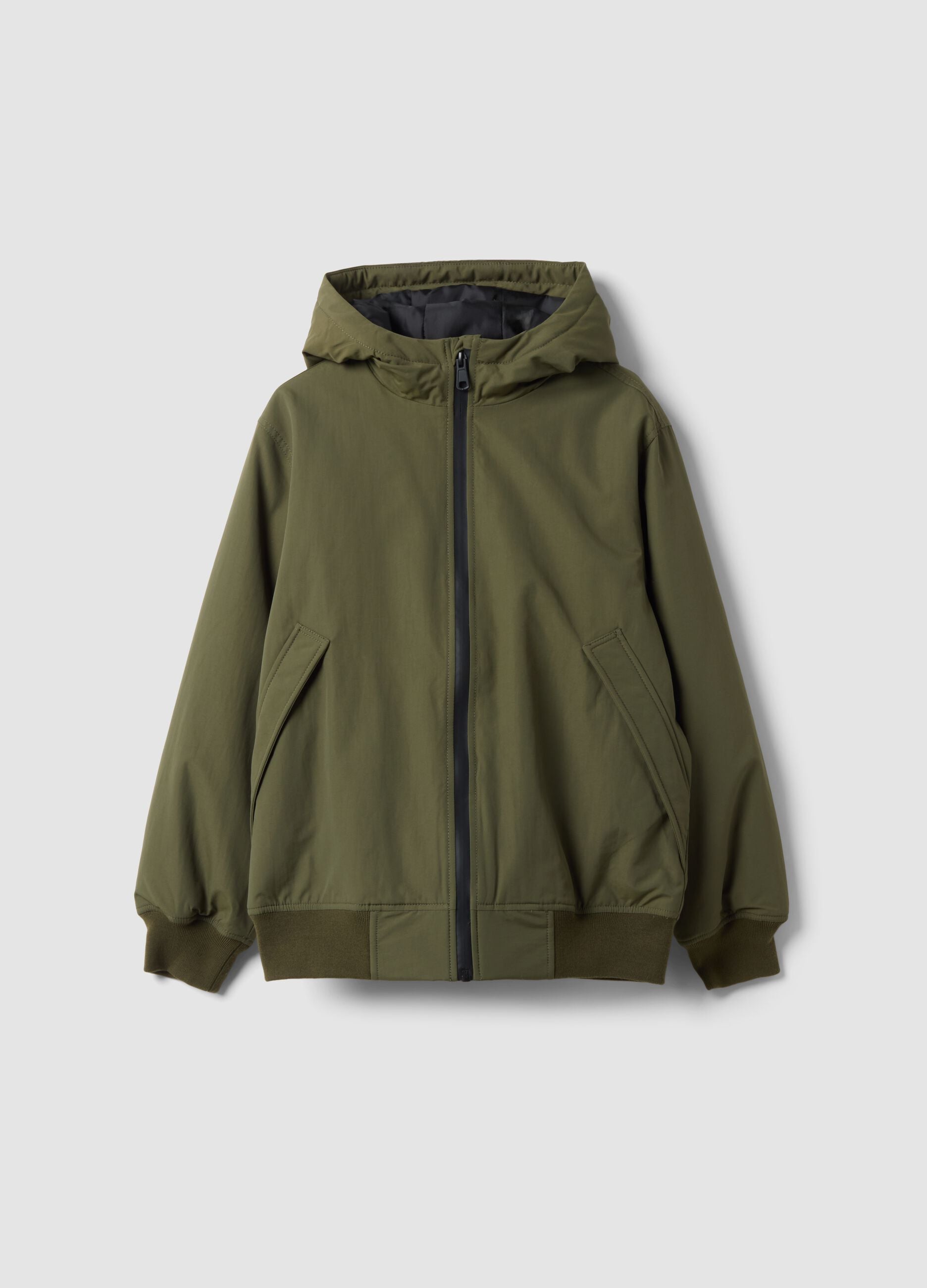 Green waterproof hooded bomber jacket with zip for boys