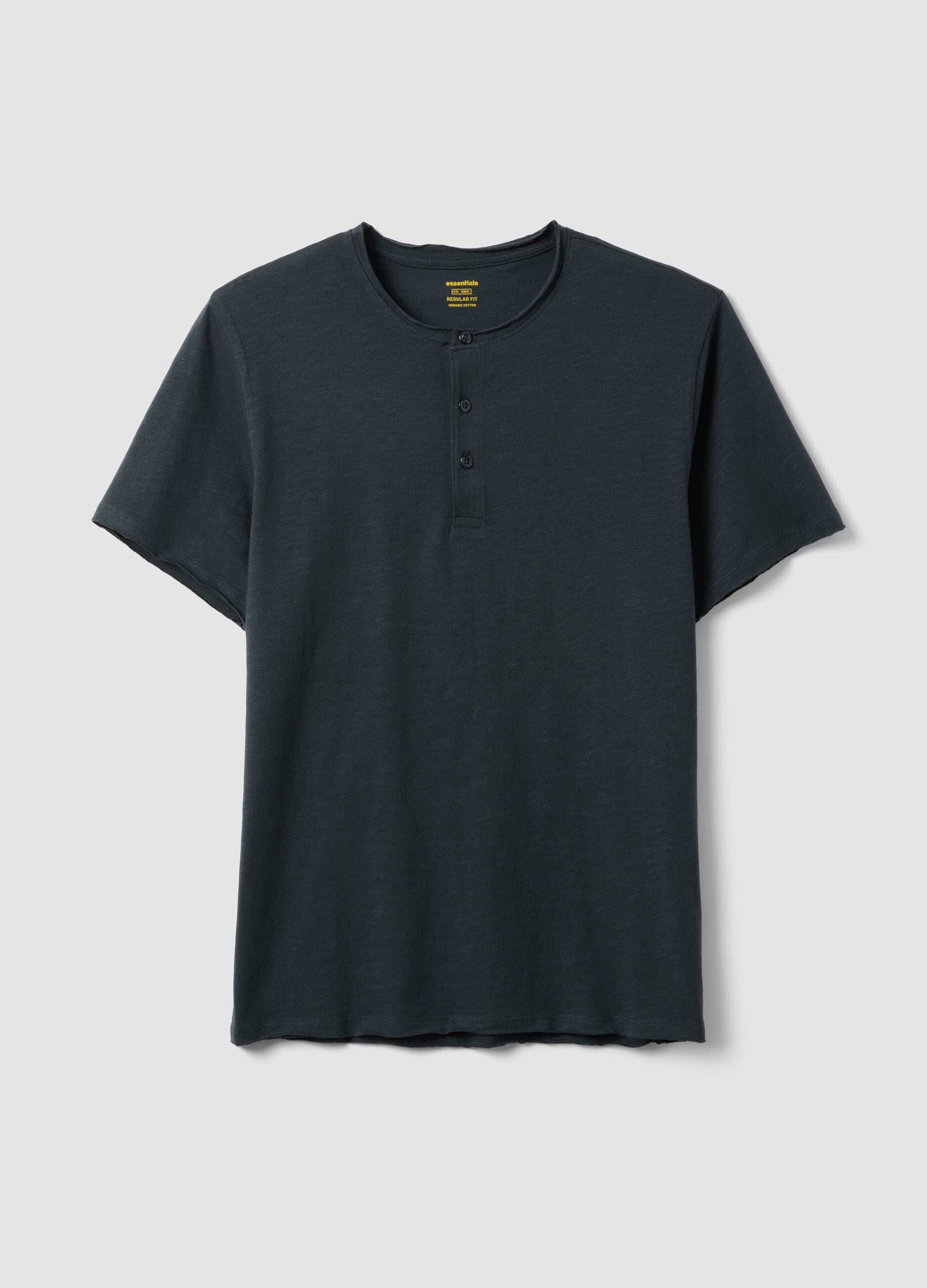 Black regular fit pure cotton T-shirt with henley collar