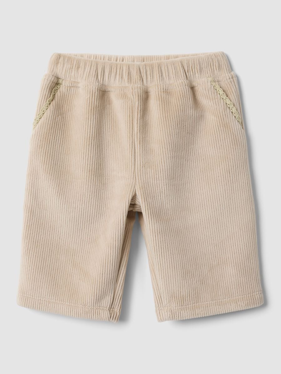 Beige ribbed stretch trousers for baby girl_0