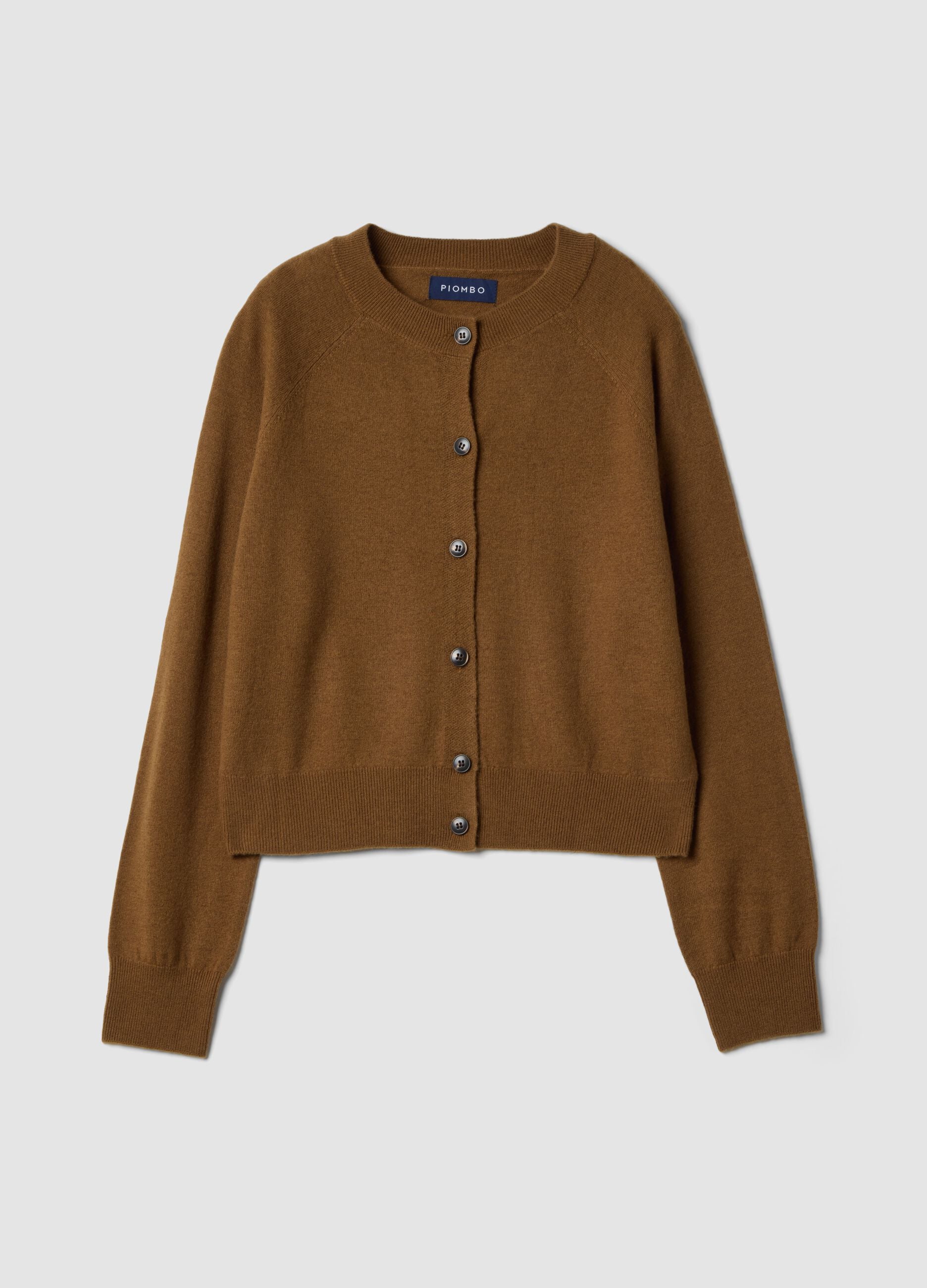 Brown pure wool crew-neck cardigan, regular fit