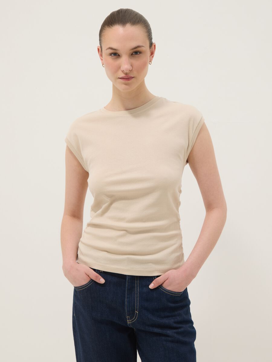 Beige pure cotton tank top with side ruching, regular fit_0