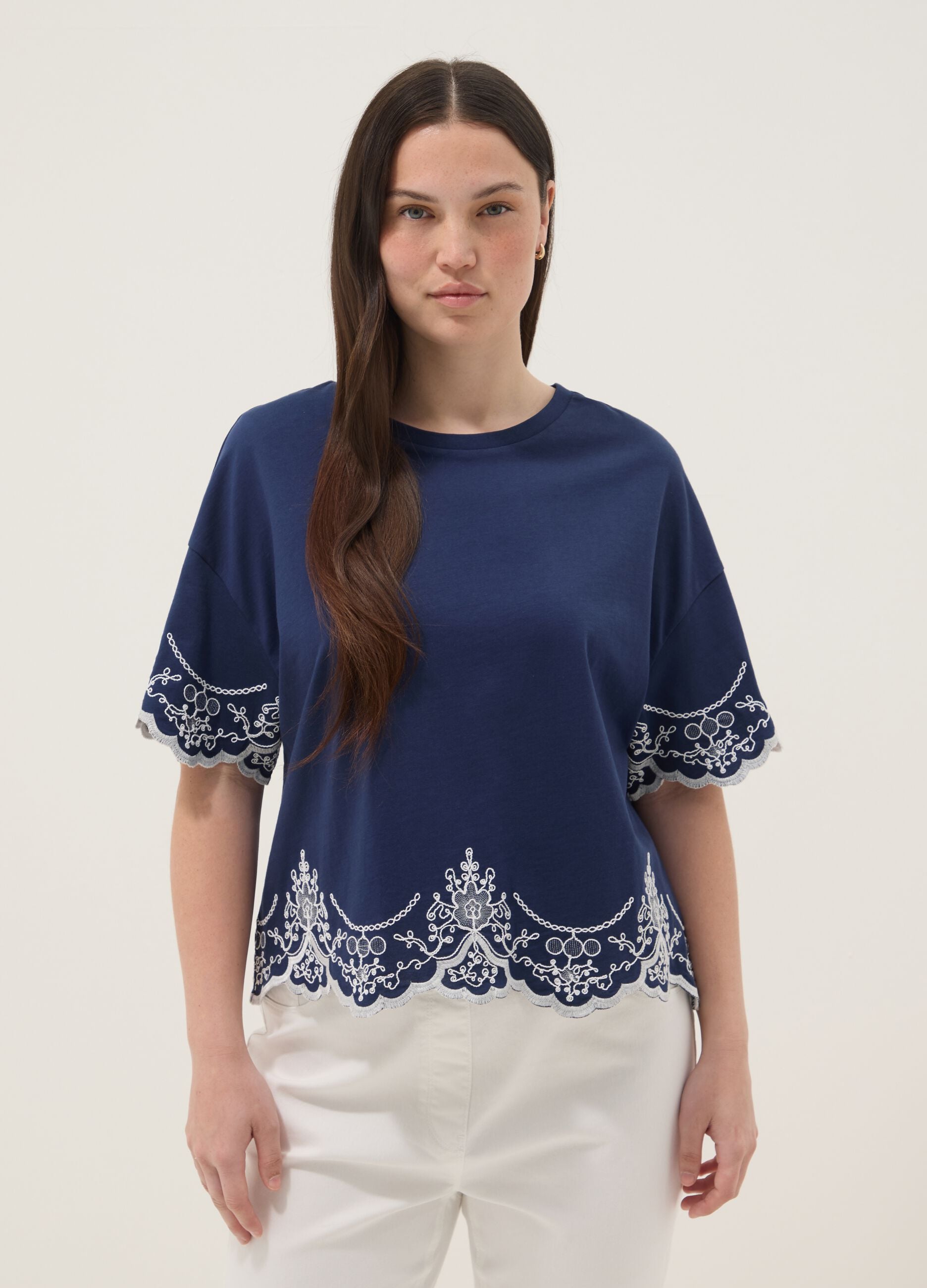Blue pure cotton embroidered T-shirt, regular fit
