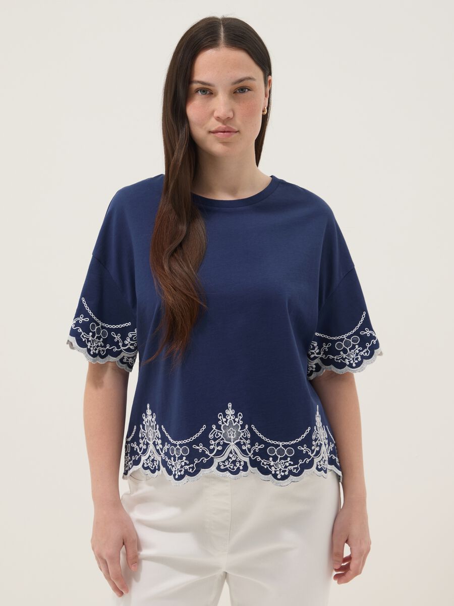 Blue pure cotton embroidered T-shirt, regular fit_0