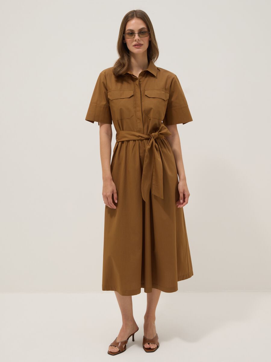 Brown pure cotton shirt dress with tie belt, regular fit_1