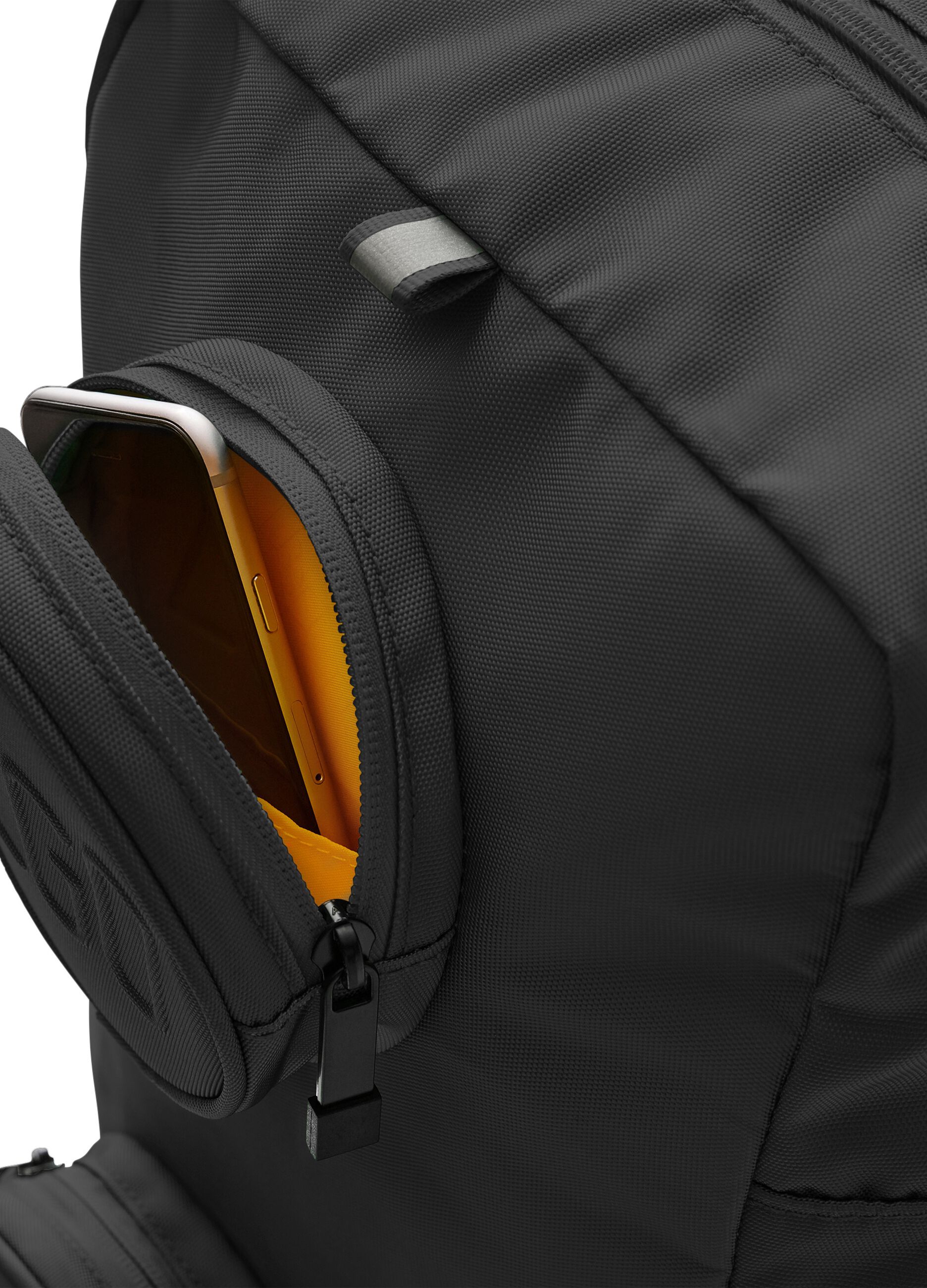 Black backpack with round front pockets