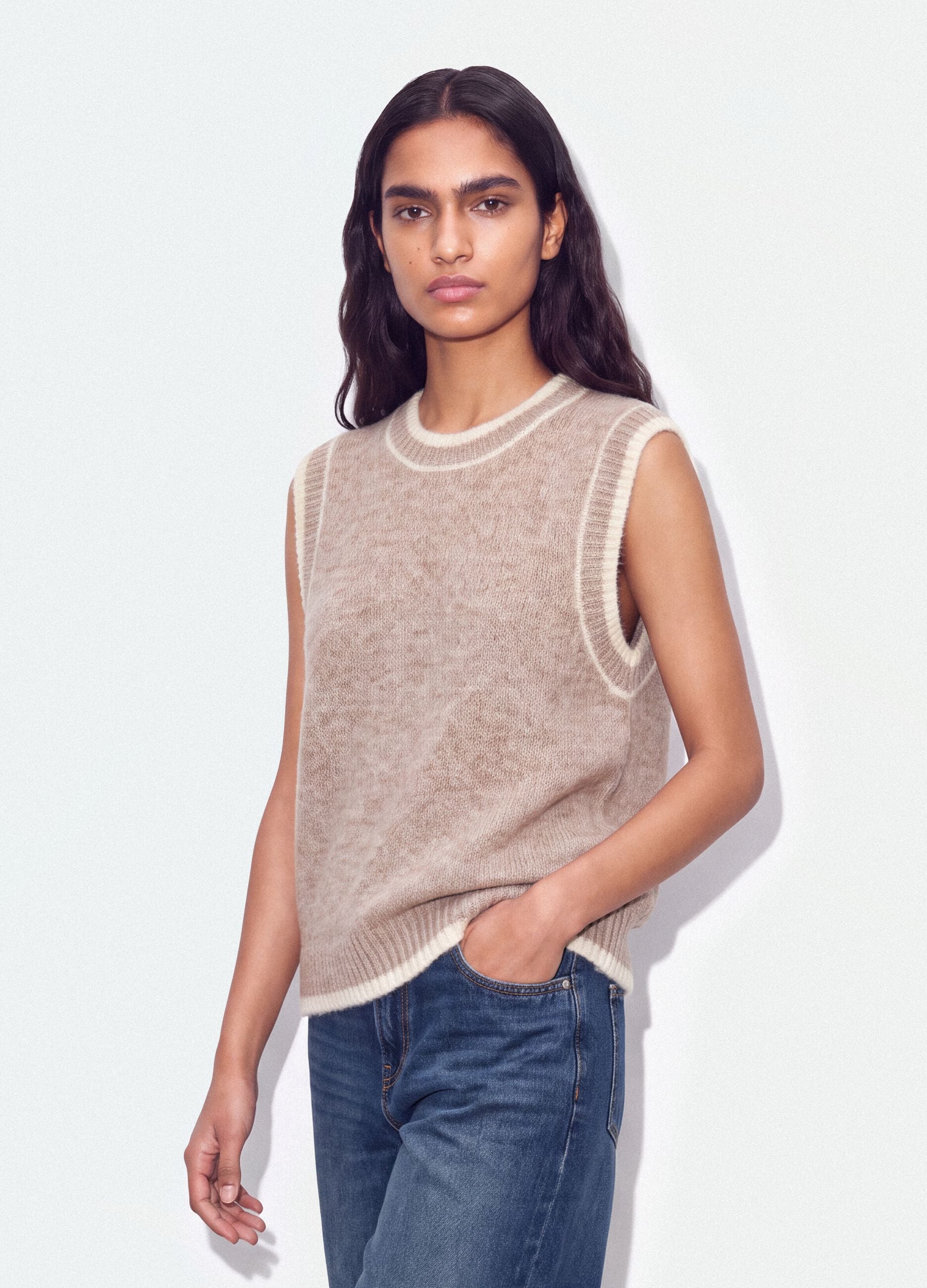 Beige stretch wool crew-neck gilet with oversized fit
