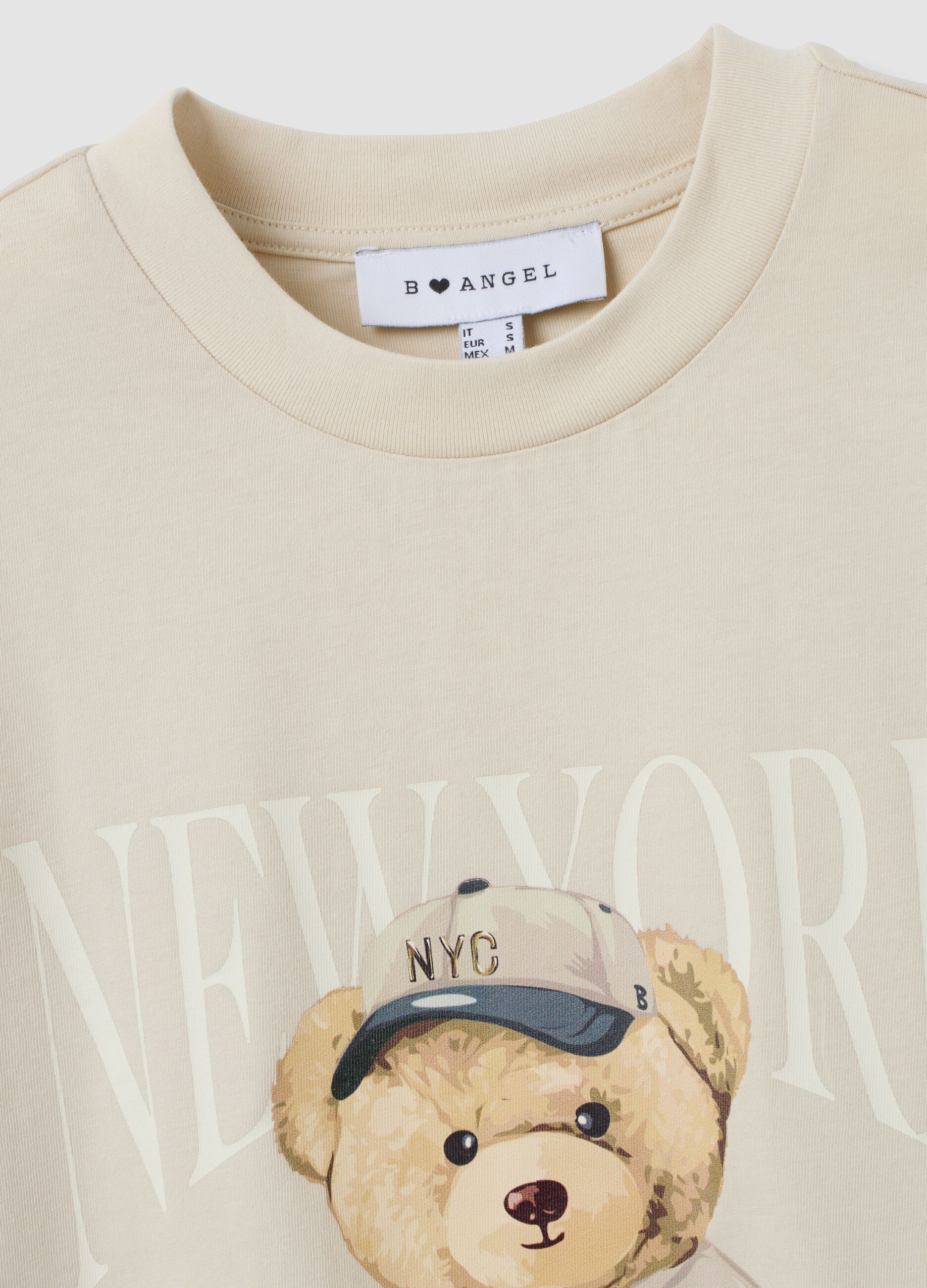 Beige relaxed-fit pure cotton T-shirt with teddy print