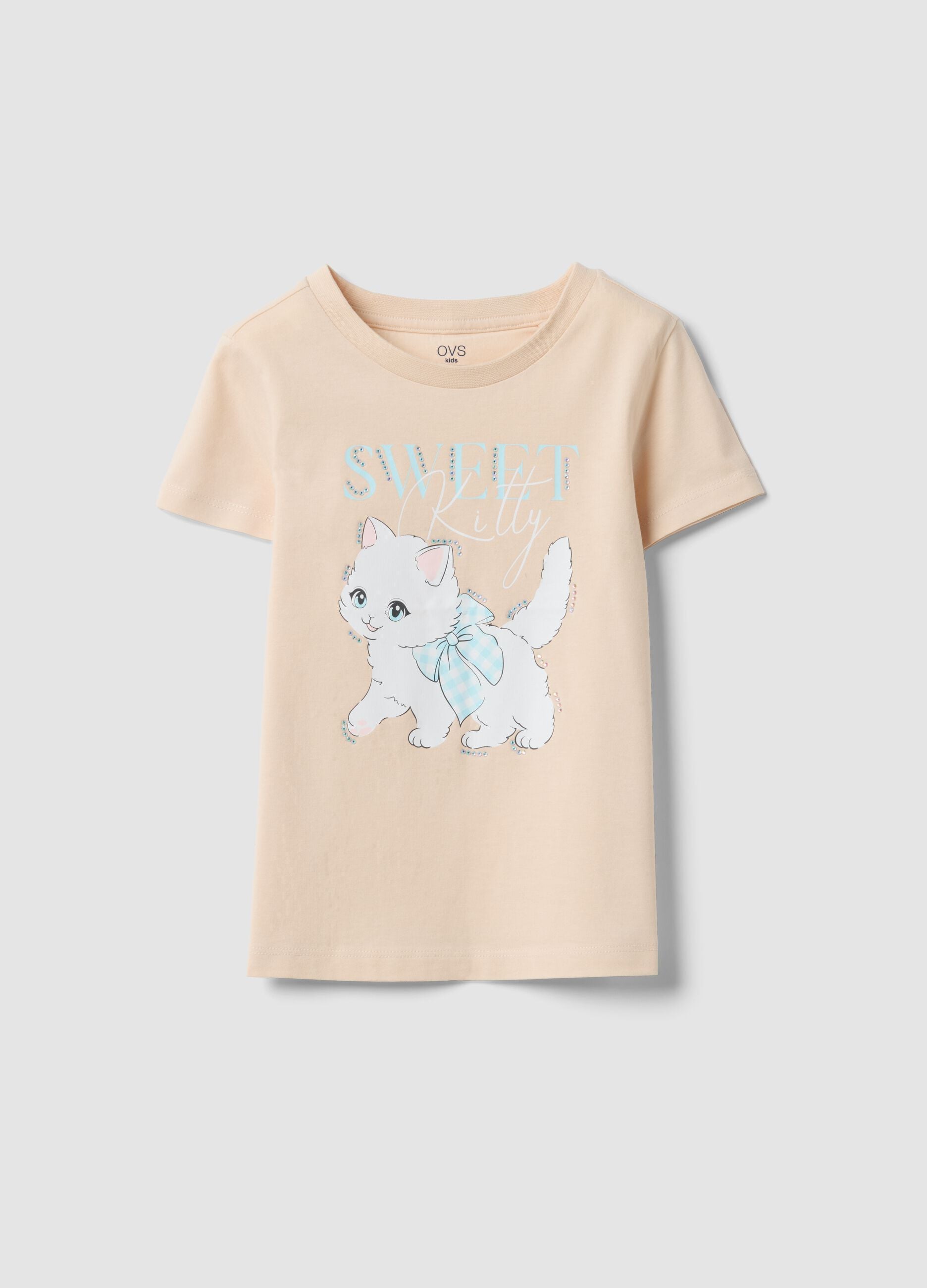Beige regular fit pure cotton T-shirt with print for girls