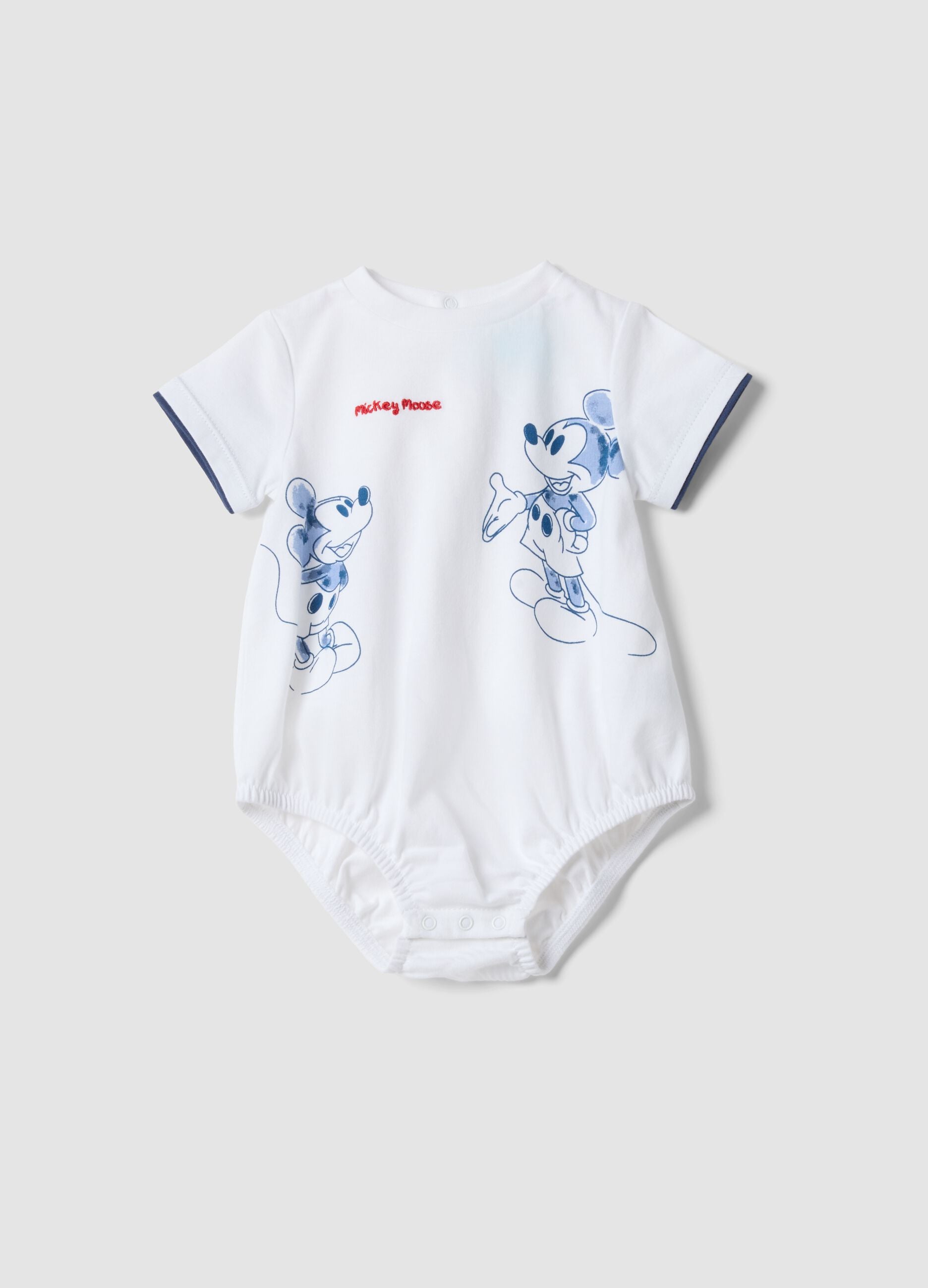White pure cotton infant onesie featuring Mickey Mouse