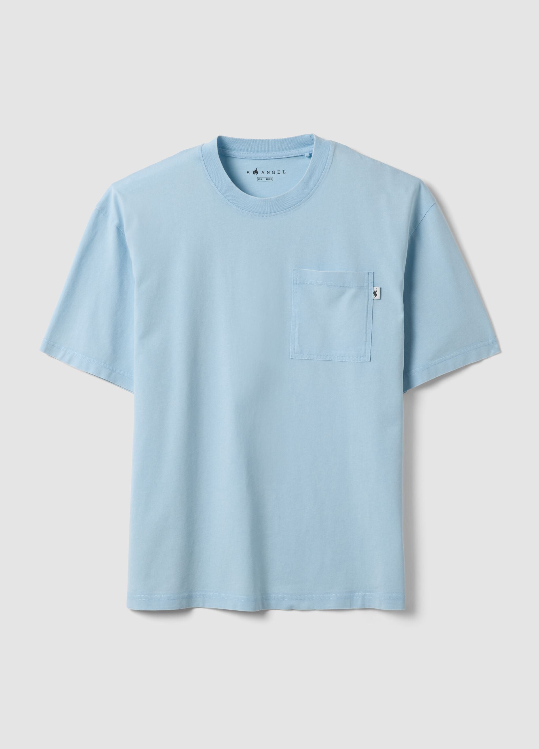 Sky-blue pure cotton T-shirt with chest pocket, regular fit