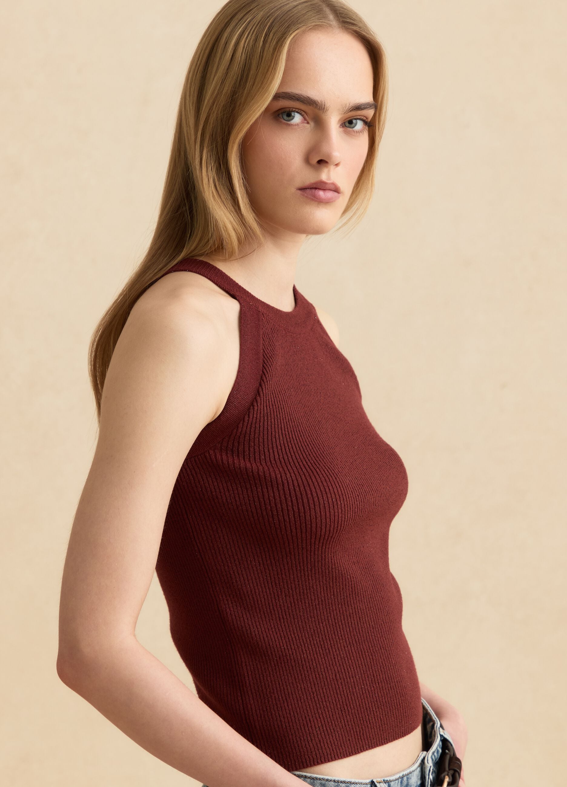 Fitted red viscose blend tank top