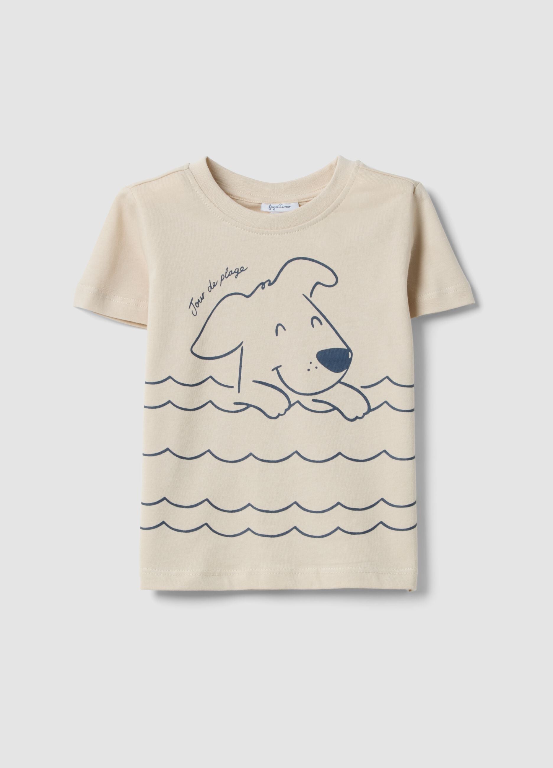 Beige pure cotton toddler t-shirt regular fit with dog print