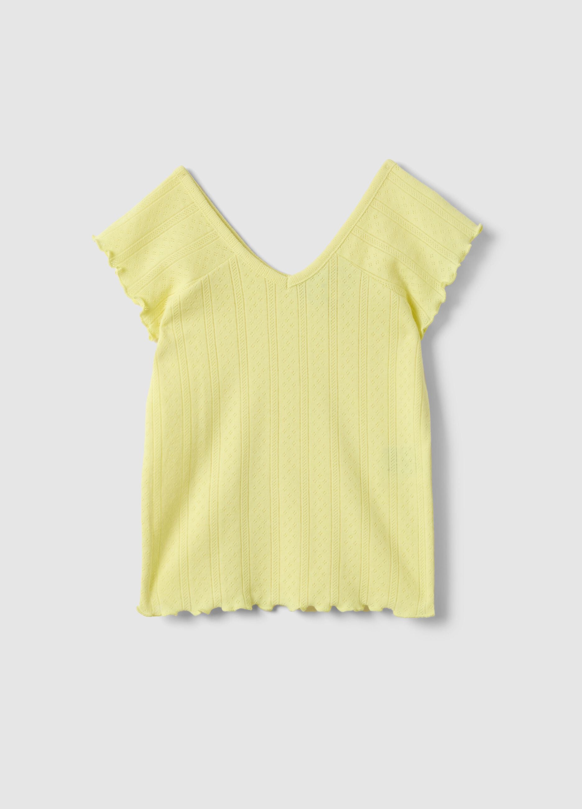 Yellow girls' cotton blend fitted V-neck t-shirt
