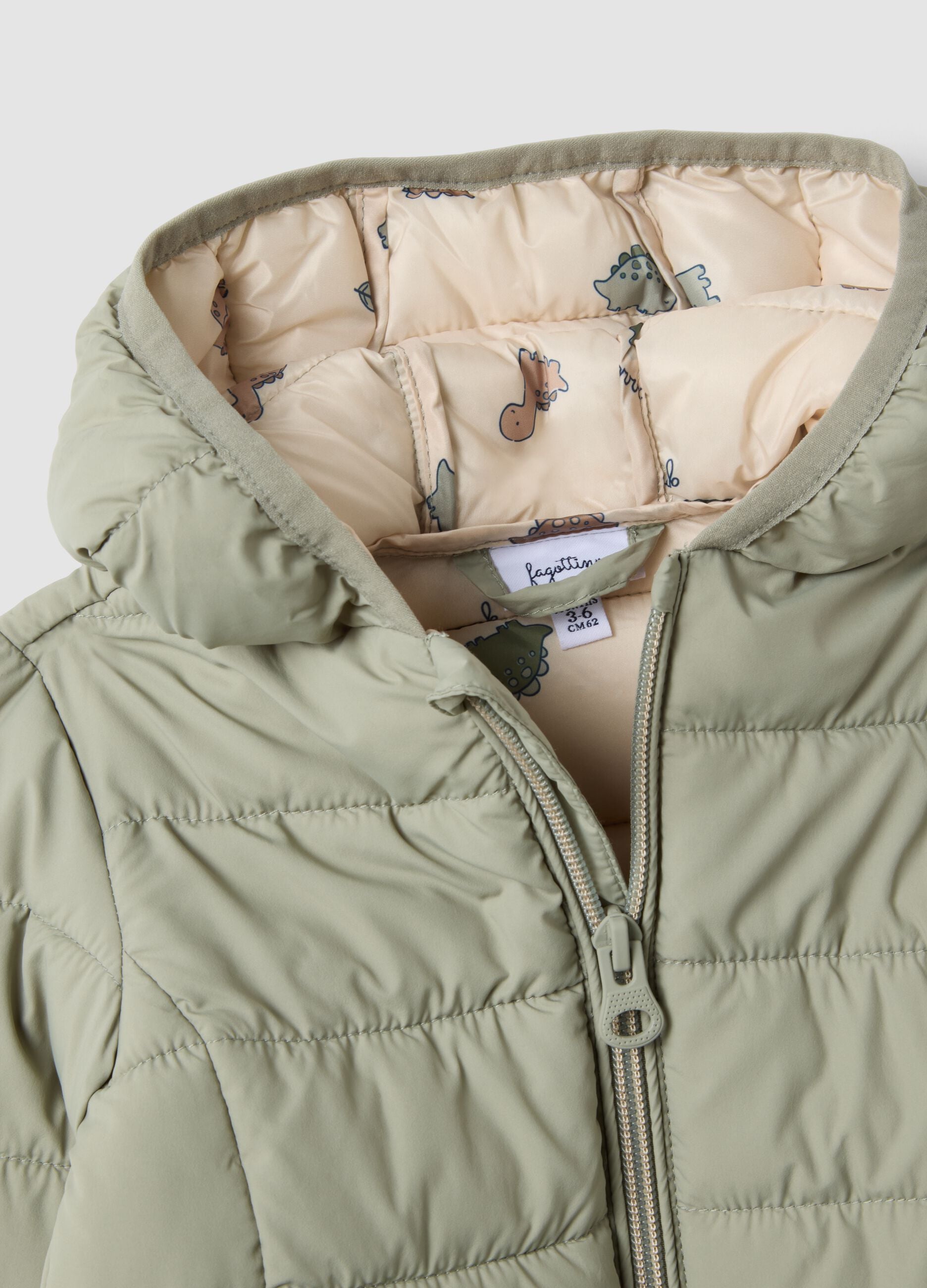 Green padded ultralight jacket with hood and zip for baby