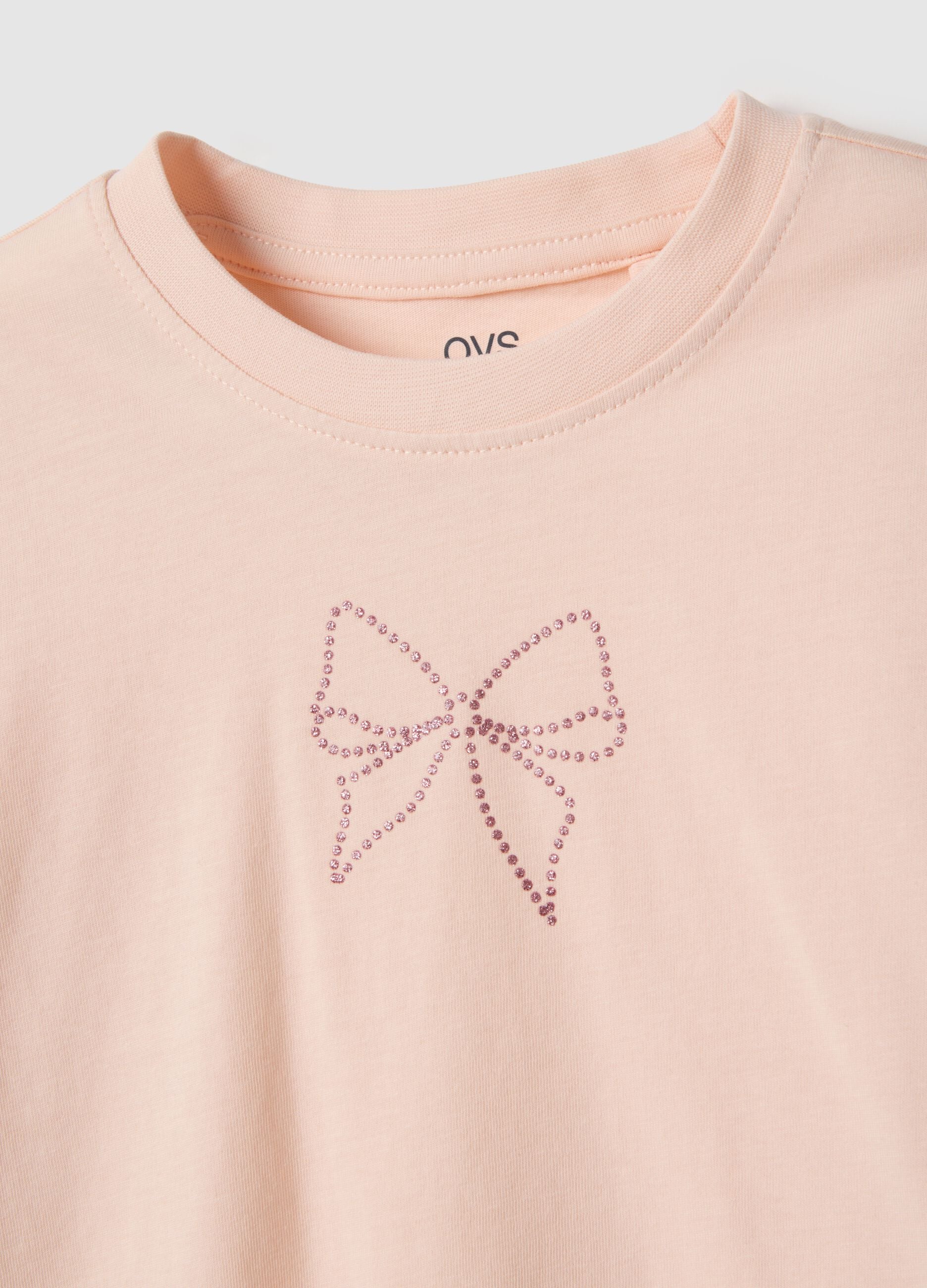 Girls' Pink Pure Cotton T-shirt Regular Fit with Bow