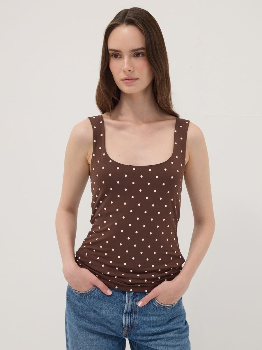 Brown fitted polka-dot stretch cotton top_1