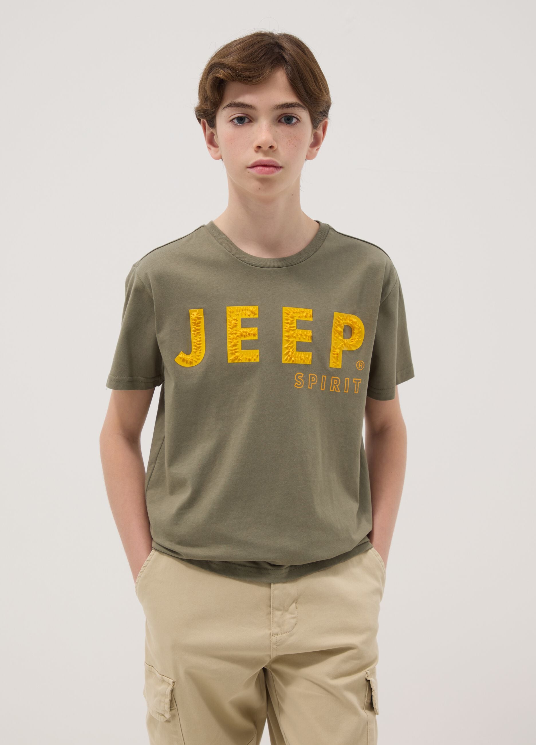 Green pure cotton regular fit children's T-shirt with print