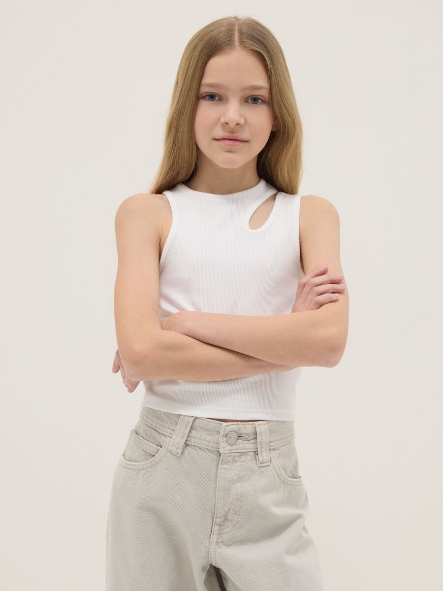 Canotta fitted in cotone elasticizzato bianca da ragazza_0