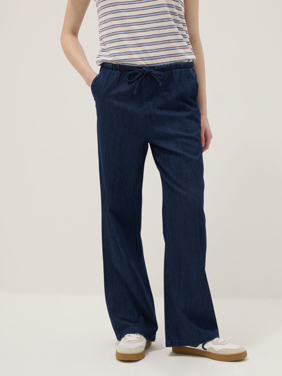 Pantaloni denim in puro cotone blu wide leg_1