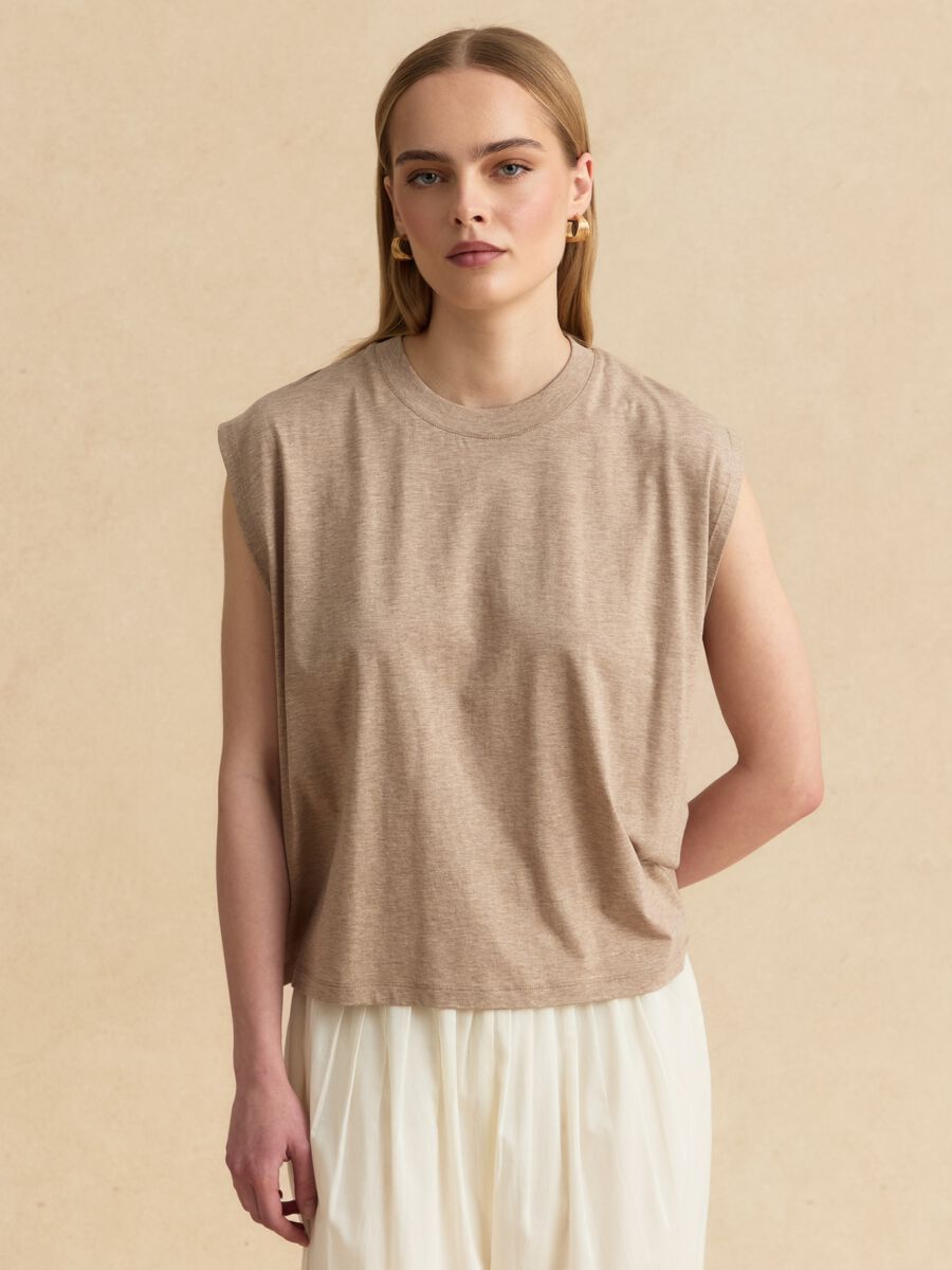 Beige regular-fit lyocell and cotton blend T-shirt with wide sleeves_0