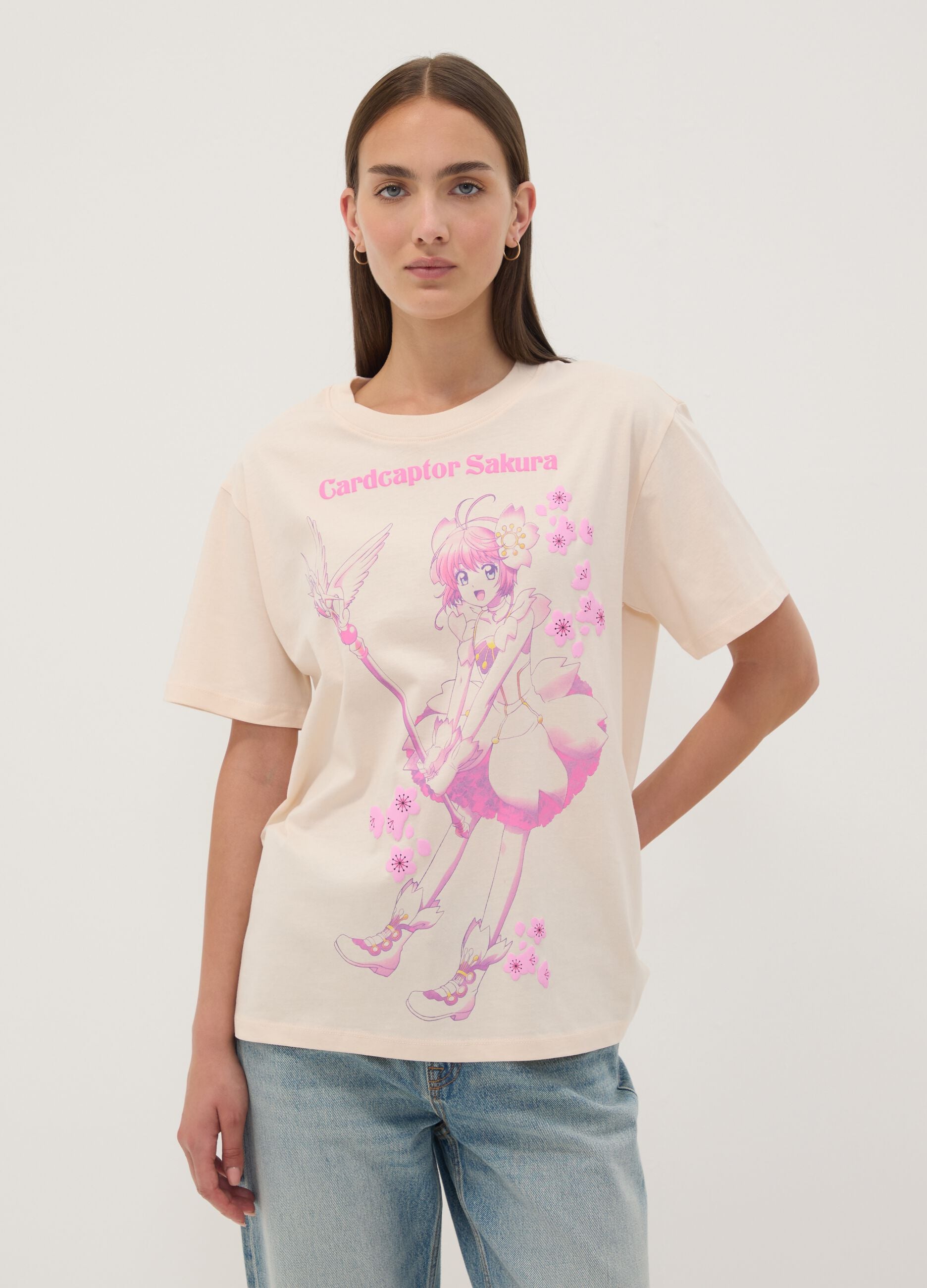Pink pure cotton T-shirt with Sakura front print, regular fit