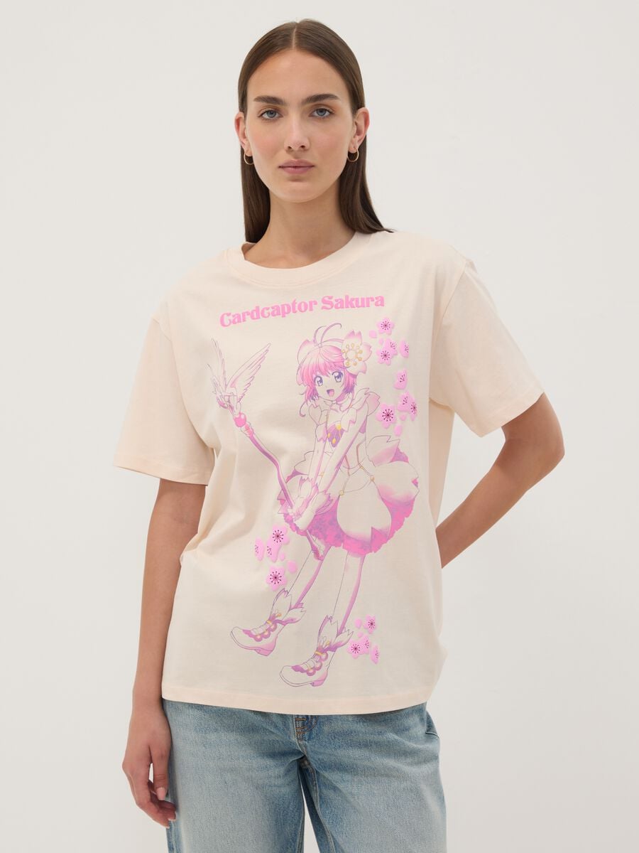 Pink pure cotton T-shirt with Sakura front print, regular fit_0