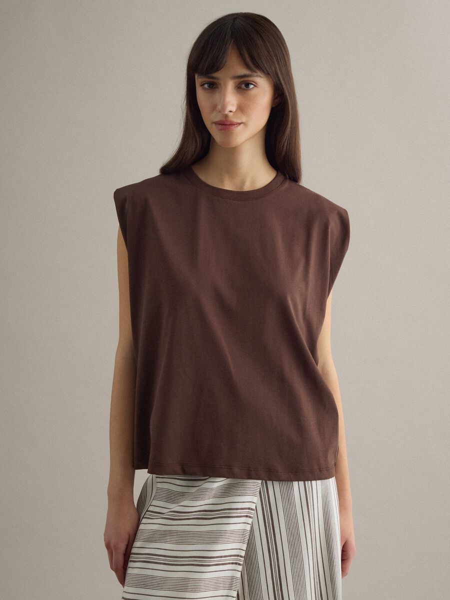 T-shirt marrone a maniche corte in misto cotone_1