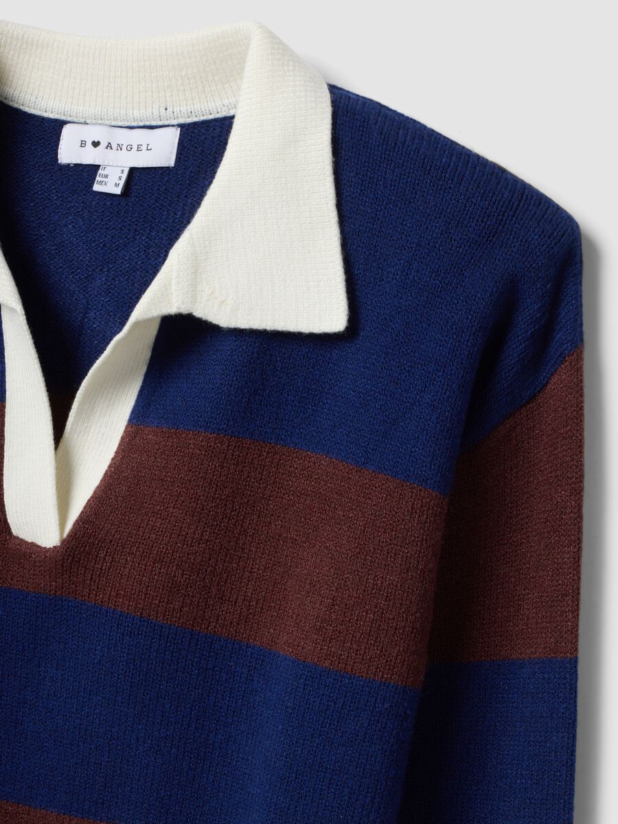 Blue striped viscose-blend polo-collar top, regular fit_1
