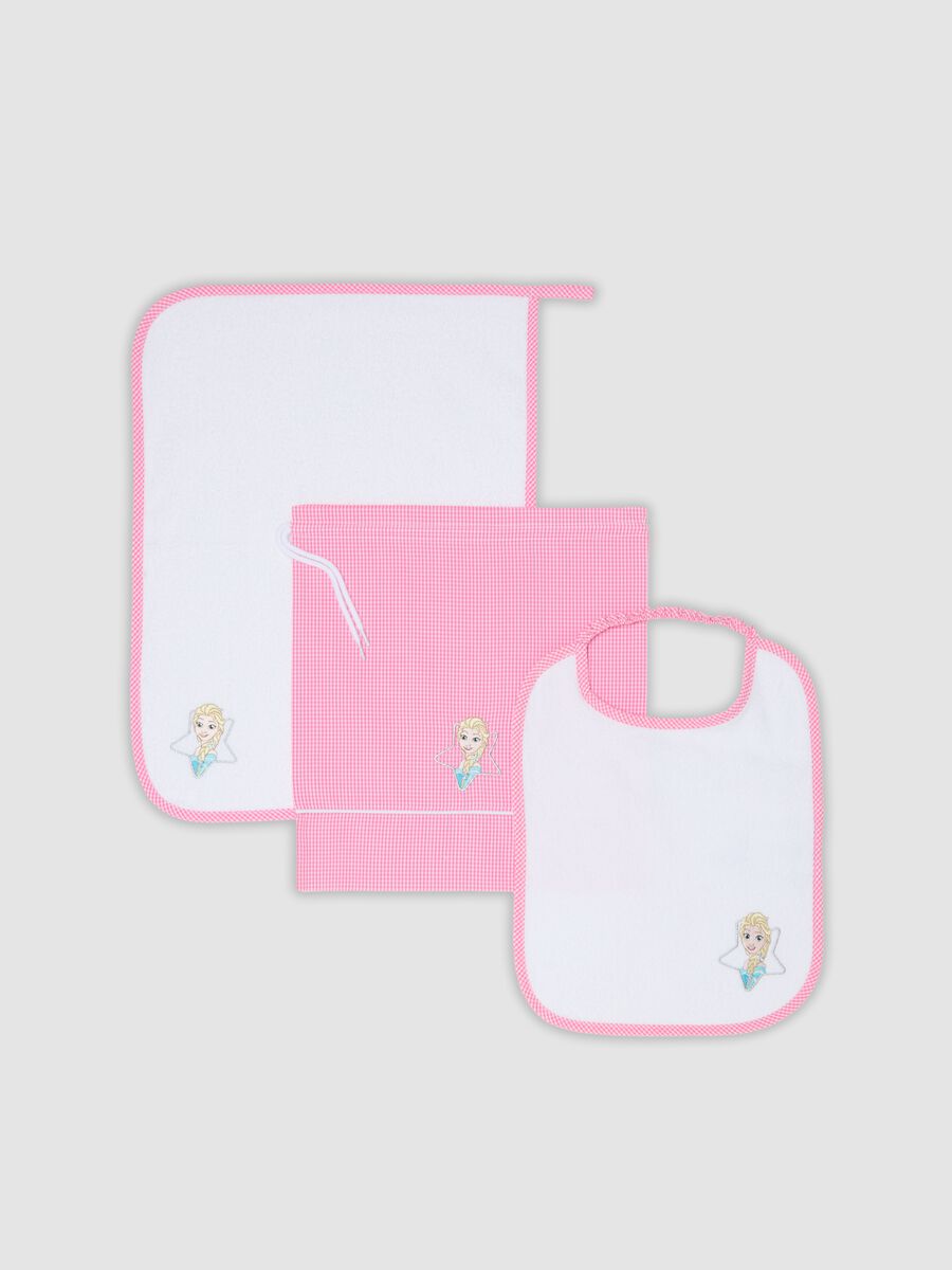 Pink nursery set with bib, towel and drawstring bag, Frozen embroidery_0