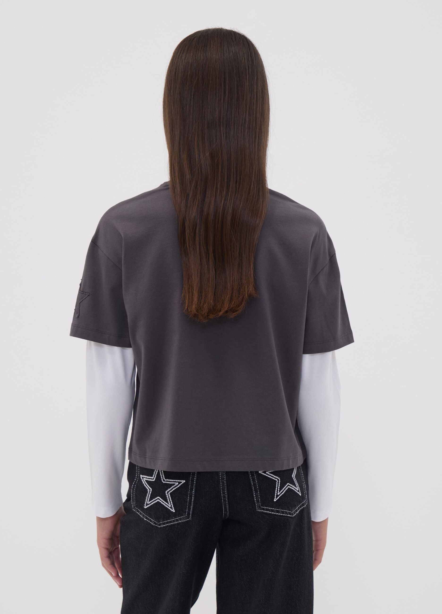 Girls&rsquo; grey oversized pure cotton T-shirt with double sleeves